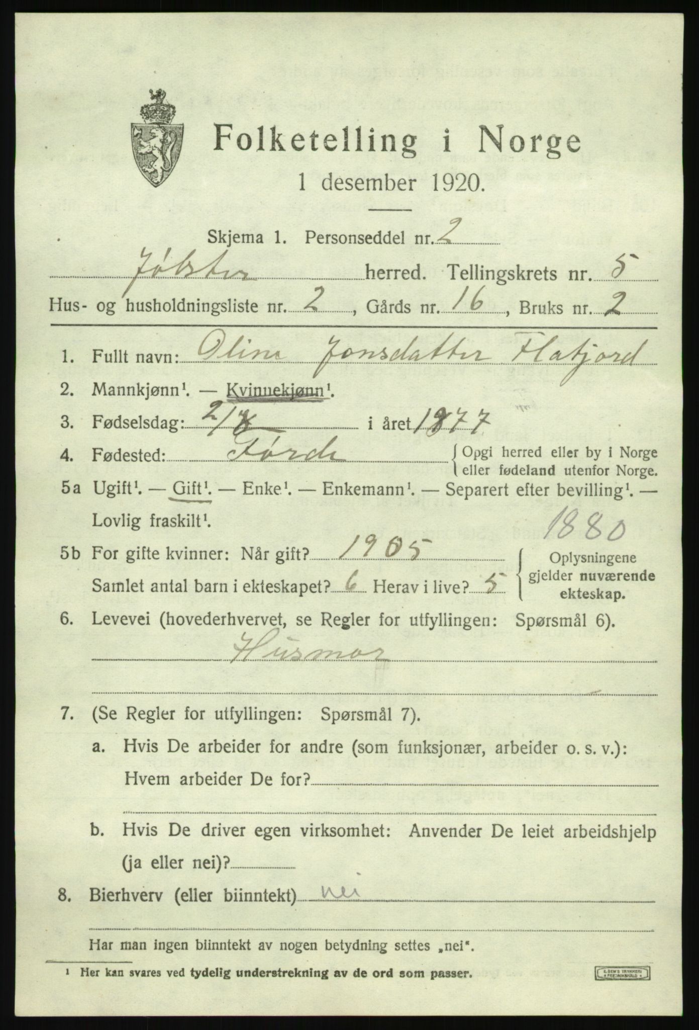 SAB, 1920 census for Jølster, 1920, p. 2942