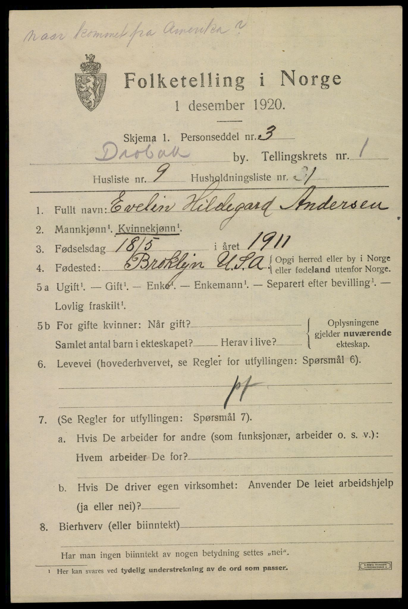 SAO, 1920 census for Drøbak, 1920, p. 2091