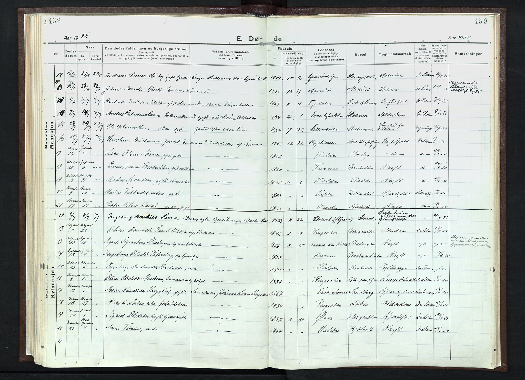 Veldre prestekontor, SAH/PREST-018/K/Ka/L0001: Parish register (official) no. 1, 1921-1934, p. 458-459