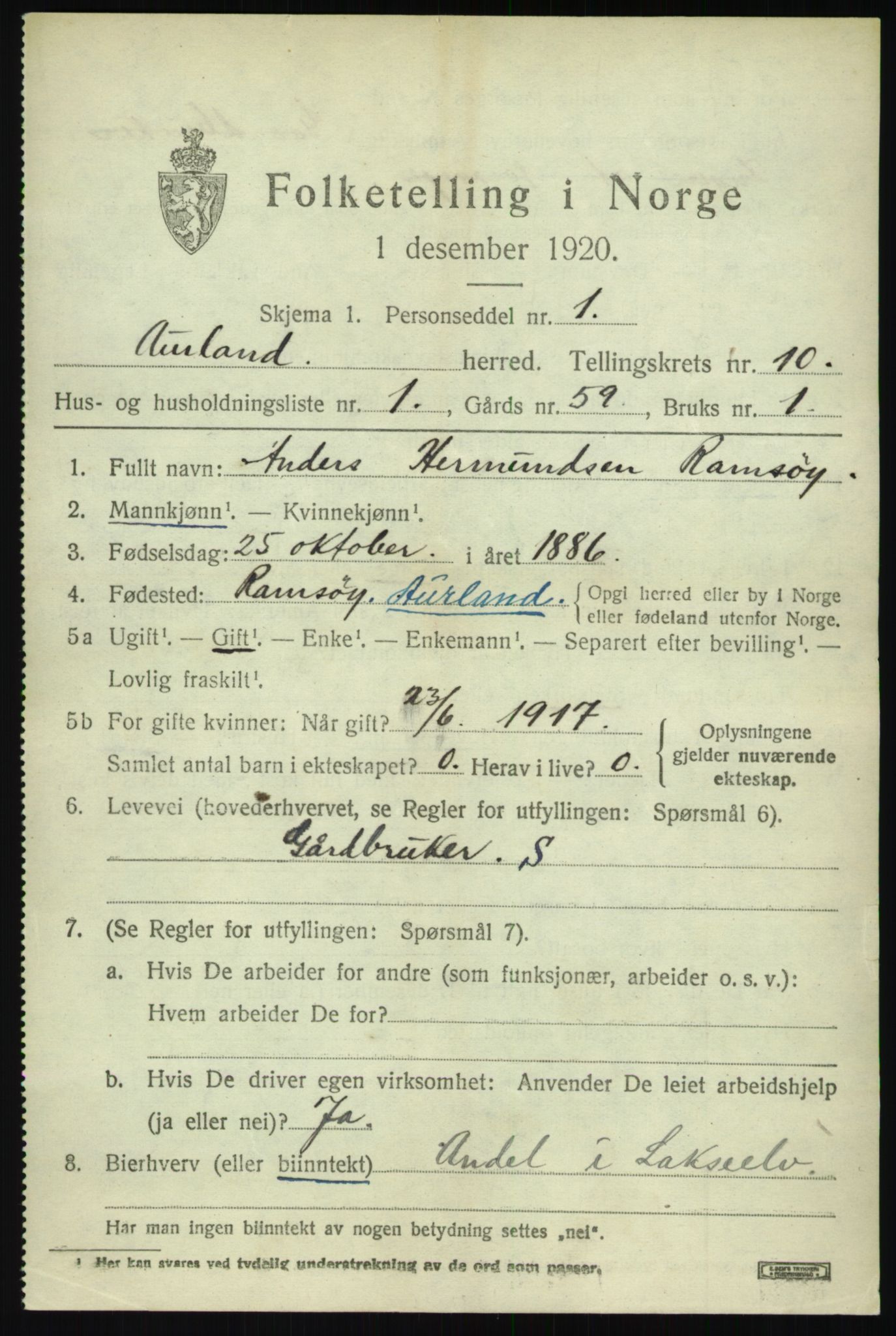 SAB, 1920 census for Aurland, 1920, p. 5028