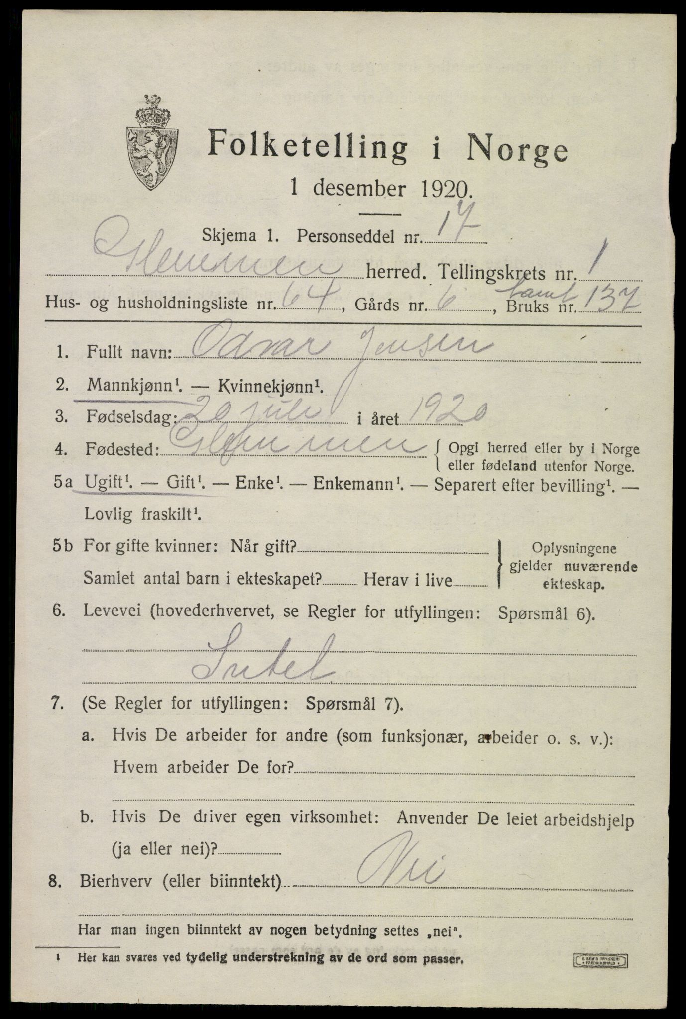 SAO, 1920 census for Glemmen, 1920, p. 4083