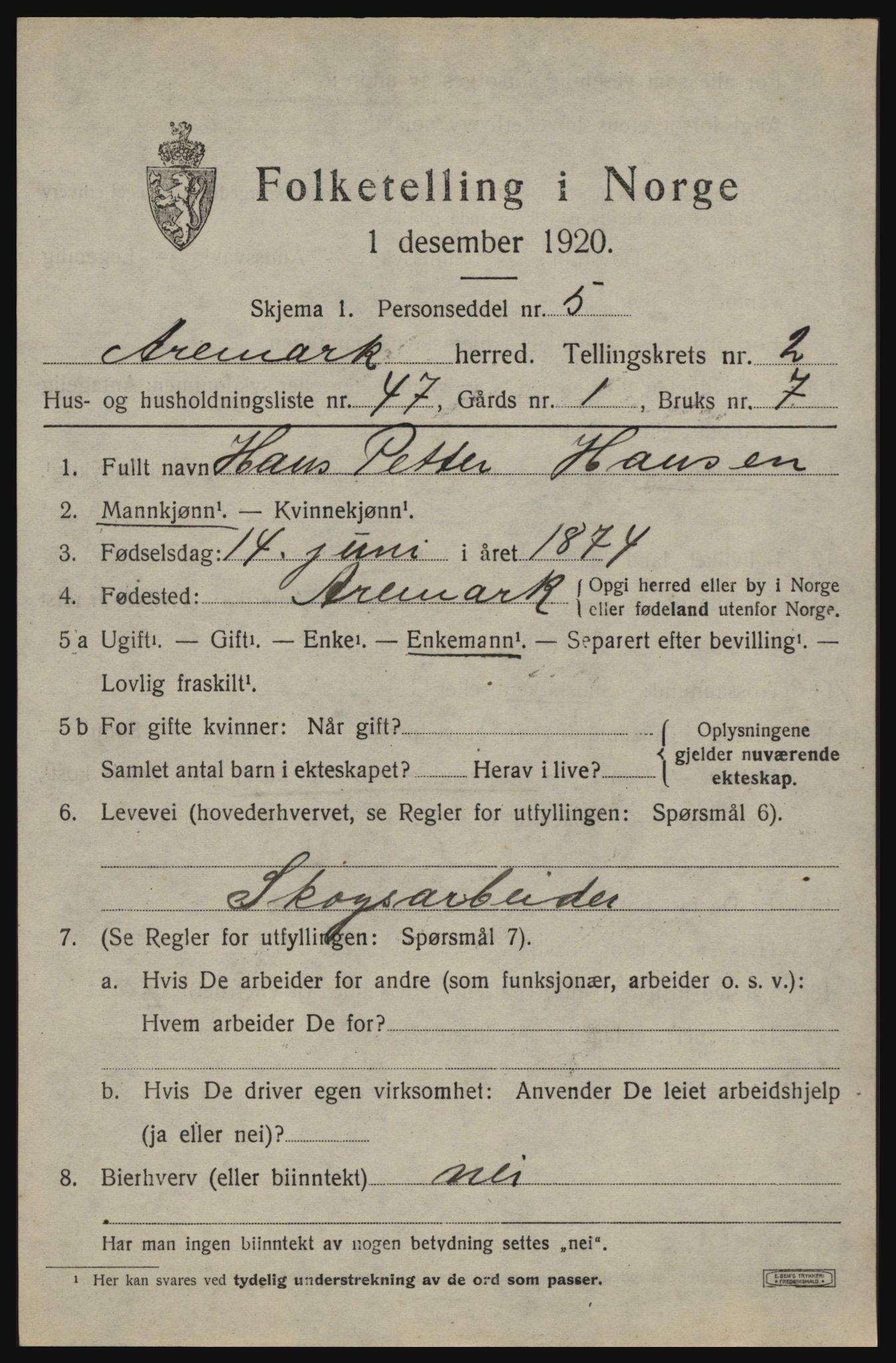 SAO, 1920 census for Aremark, 1920, p. 2117