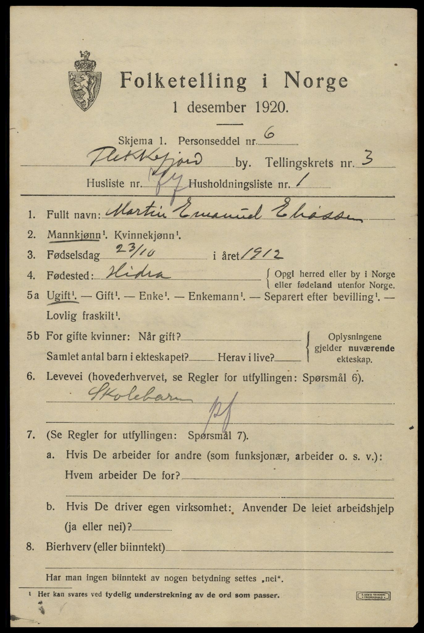 SAK, 1920 census for Flekkefjord, 1920, p. 4424