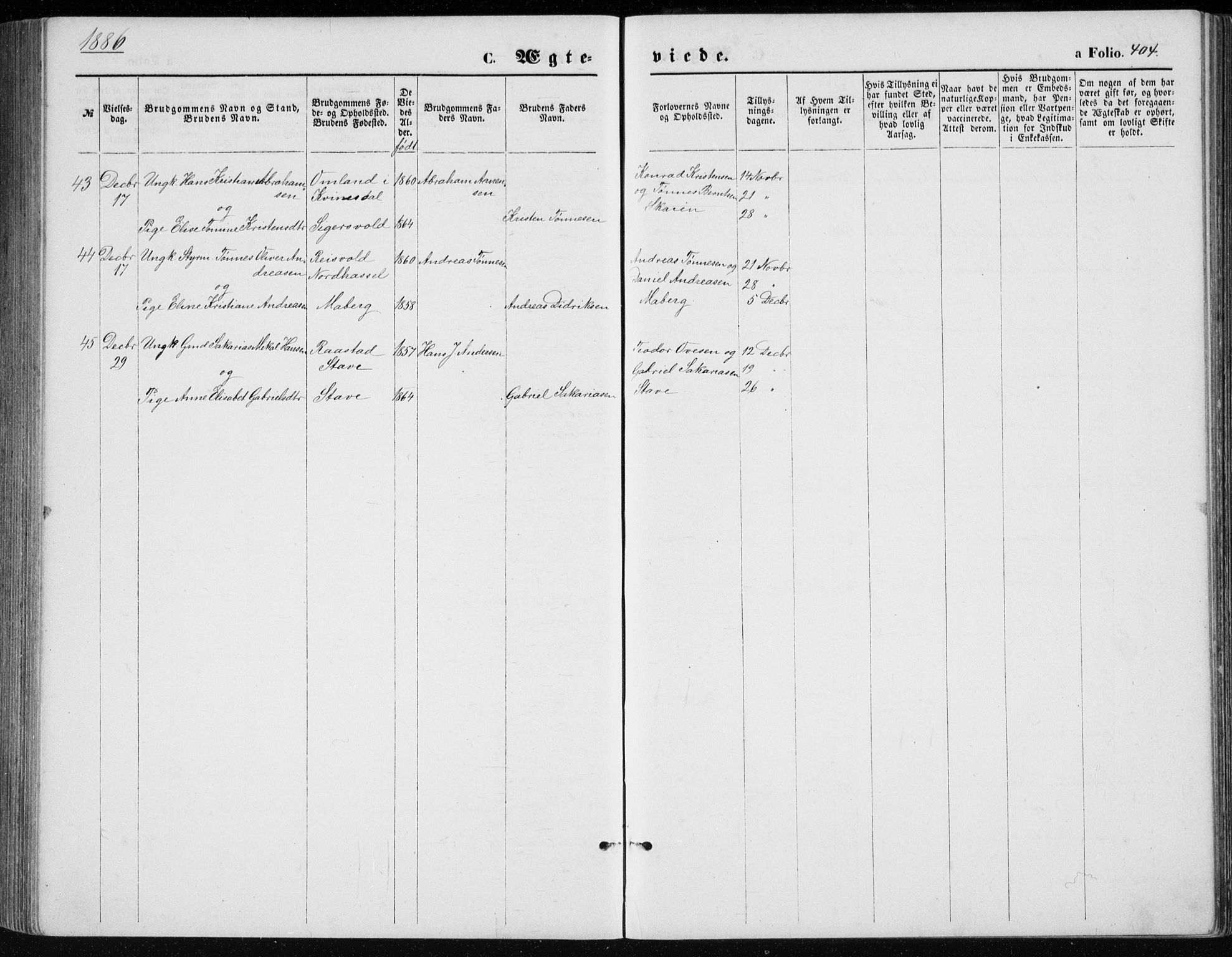 Lista sokneprestkontor, AV/SAK-1111-0027/F/Fb/L0004: Parish register (copy) no. B 4, 1877-1891, p. 404