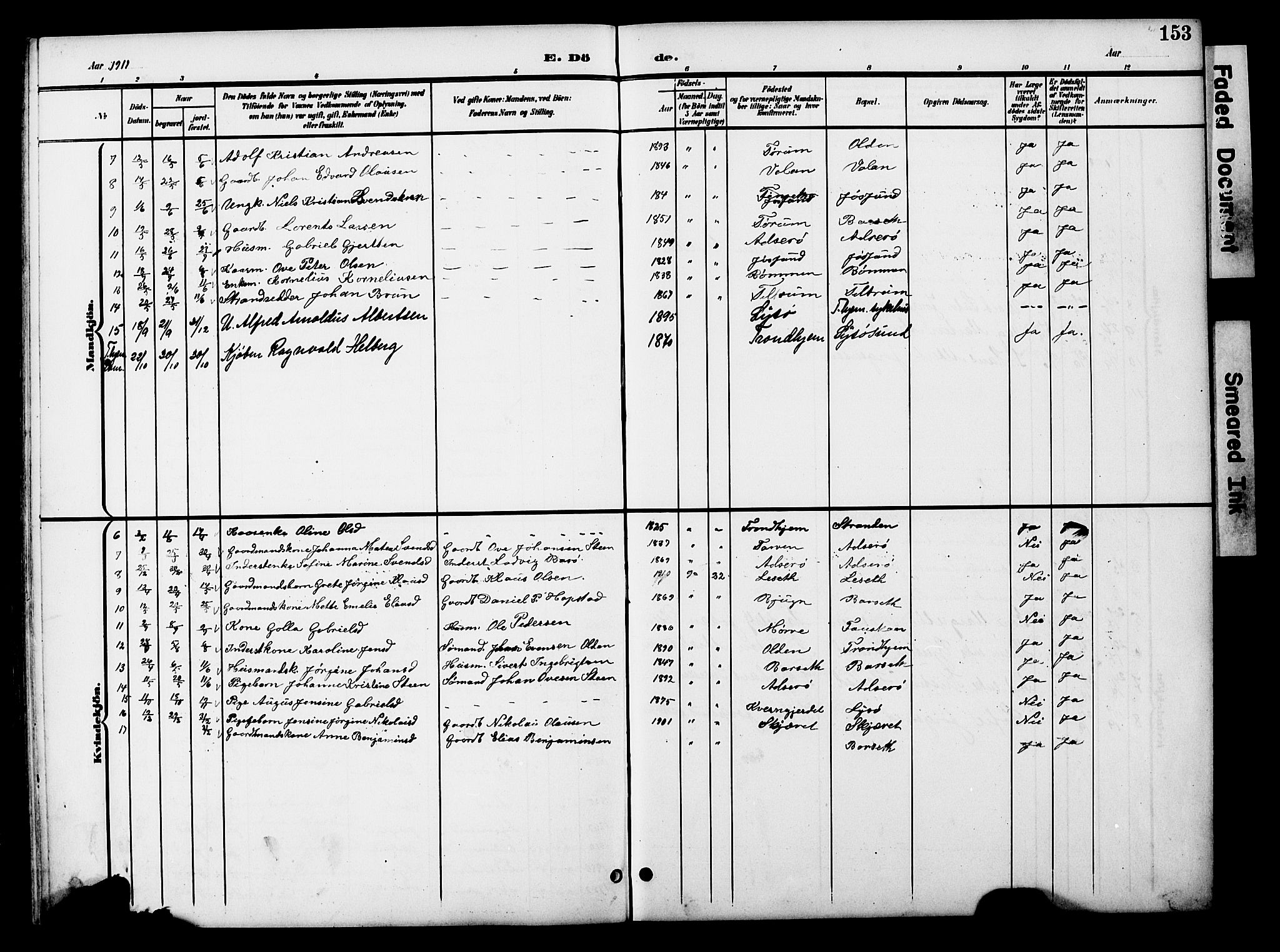 Ministerialprotokoller, klokkerbøker og fødselsregistre - Sør-Trøndelag, SAT/A-1456/654/L0666: Parish register (copy) no. 654C02, 1901-1925, p. 153