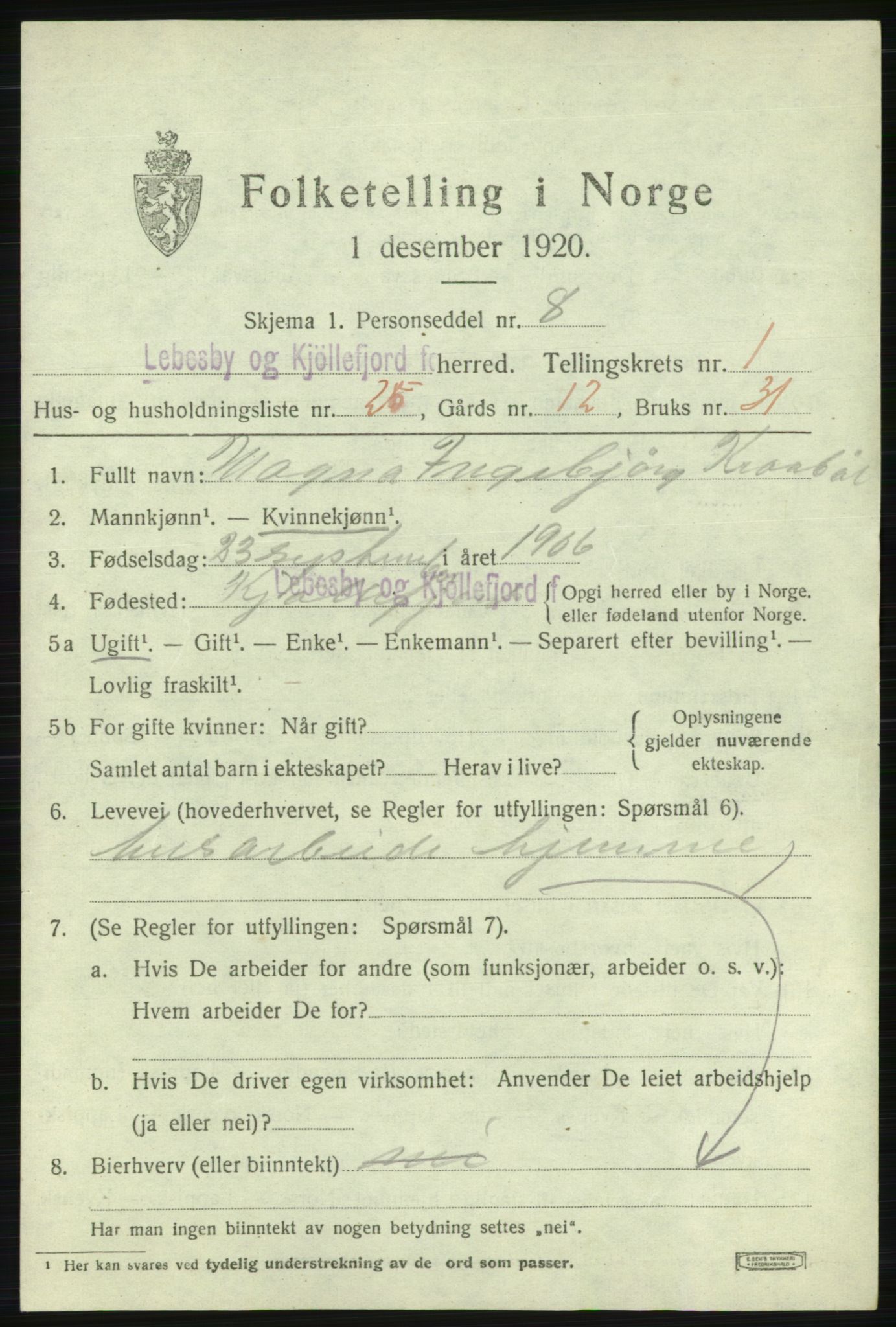 SATØ, 1920 census for Lebesby, 1920, p. 1041