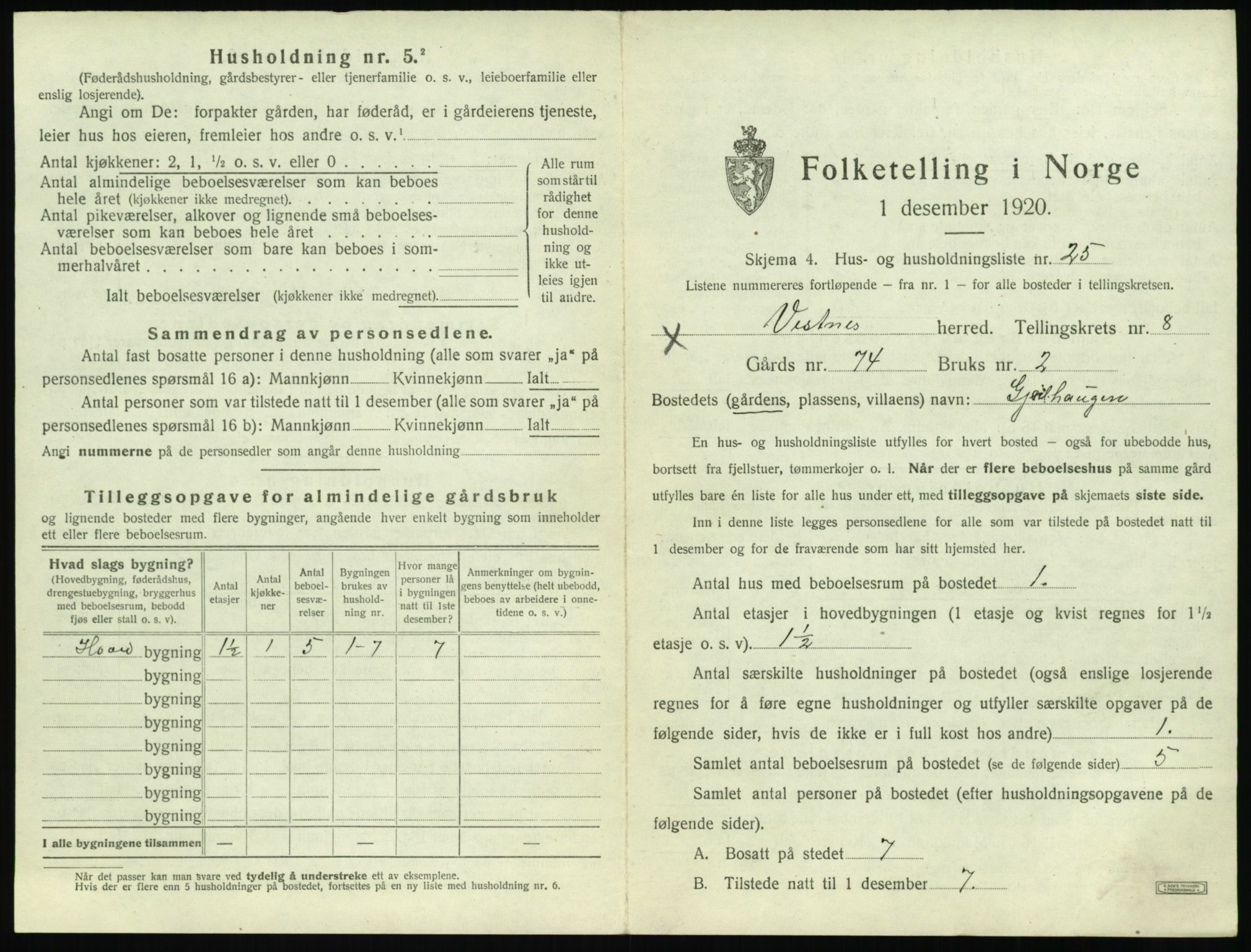 SAT, 1920 census for Vestnes, 1920, p. 915