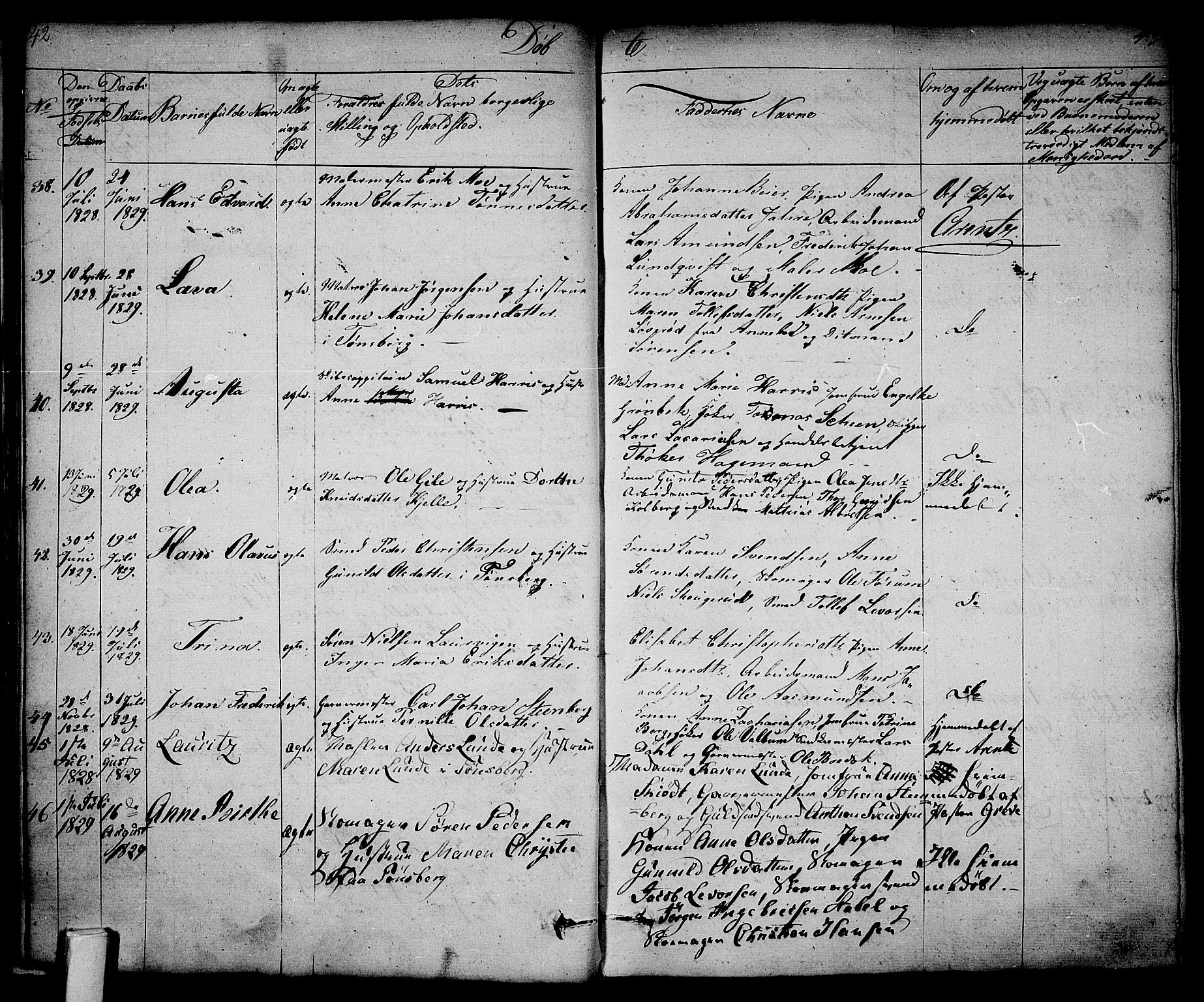 Tønsberg kirkebøker, SAKO/A-330/F/Fa/L0005: Parish register (official) no. I 5, 1827-1836, p. 42-43