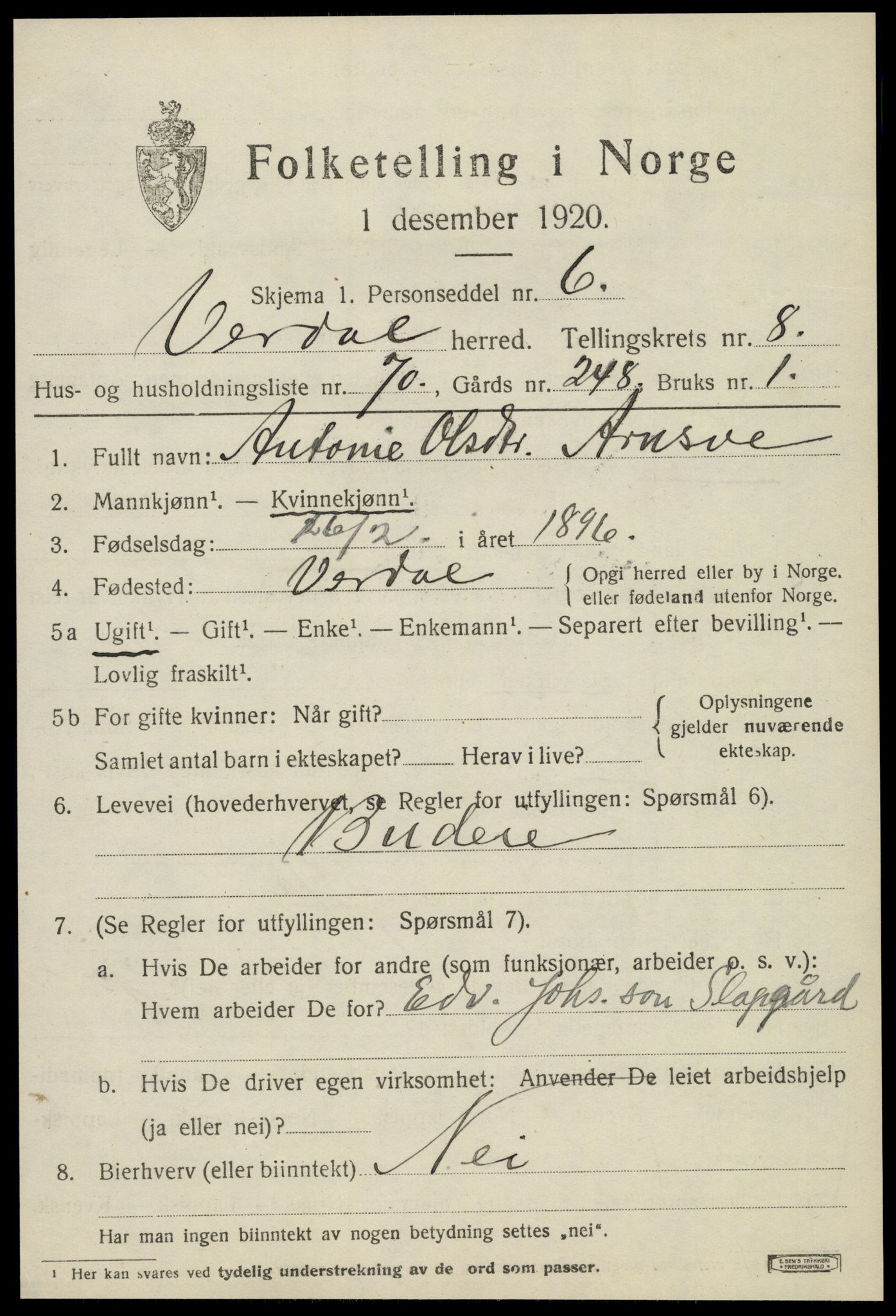 SAT, 1920 census for Verdal, 1920, p. 11085