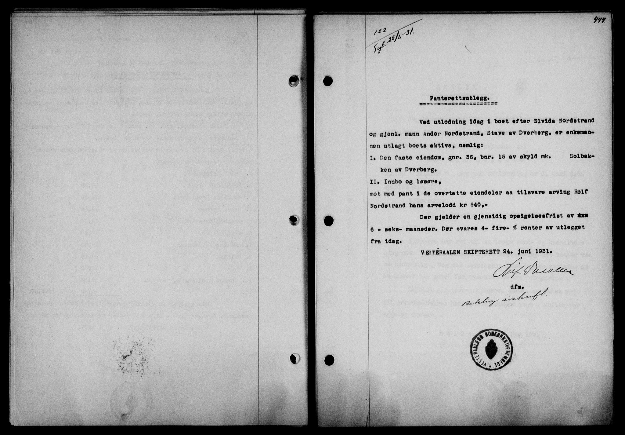 Vesterålen sorenskriveri, SAT/A-4180/1/2/2Ca/L0053: Mortgage book no. 46, 1931-1931, Deed date: 09.07.1931