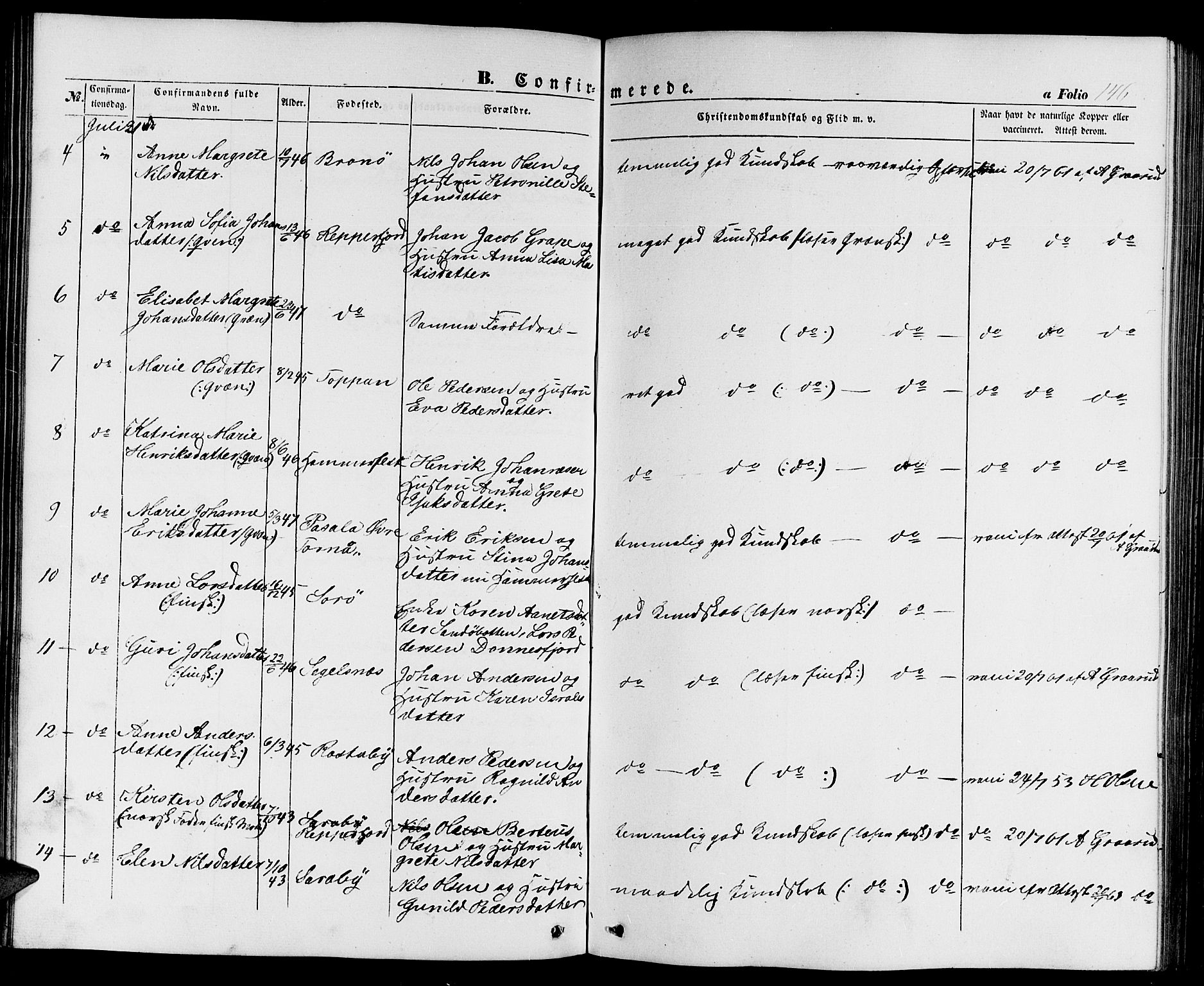 Hammerfest sokneprestkontor, AV/SATØ-S-1347/H/Hb/L0002.klokk: Parish register (copy) no. 2, 1851-1861, p. 146