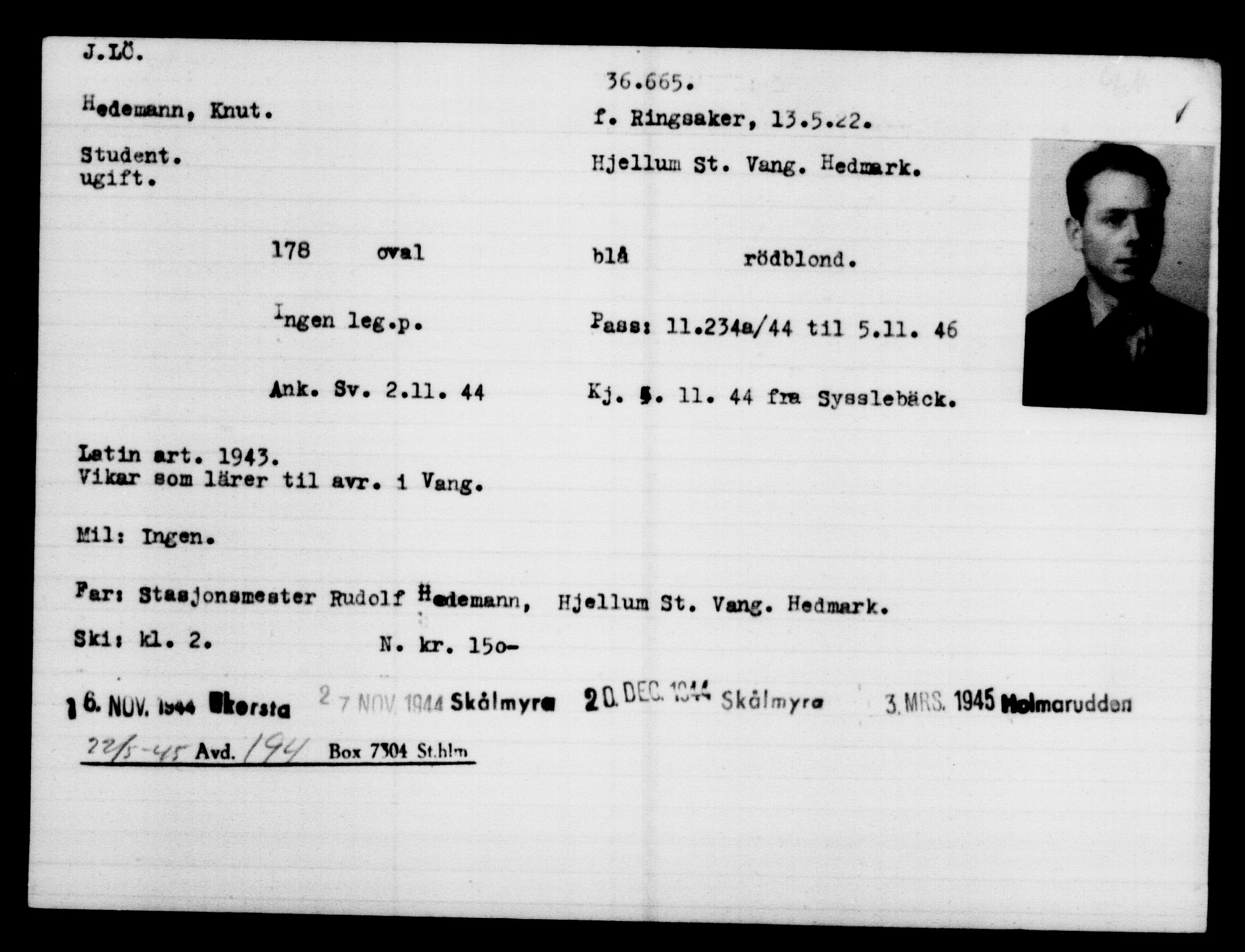 Utenriksstasjonene, Legasjonen i Stockholm, Flyktningkontoret, AV/RA-S-6753/V/Va/L0014: Kjesäterkartoteket, flyktninger med registreringsnr. 34700-37855, 1940-1945, p. 2066