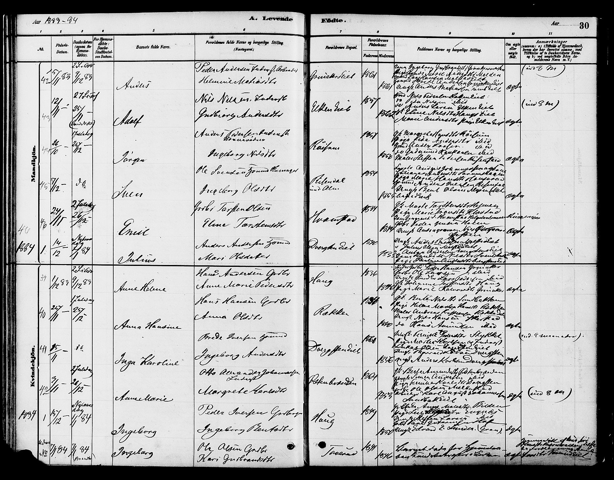 Gran prestekontor, SAH/PREST-112/H/Ha/Haa/L0016: Parish register (official) no. 16, 1880-1888, p. 30