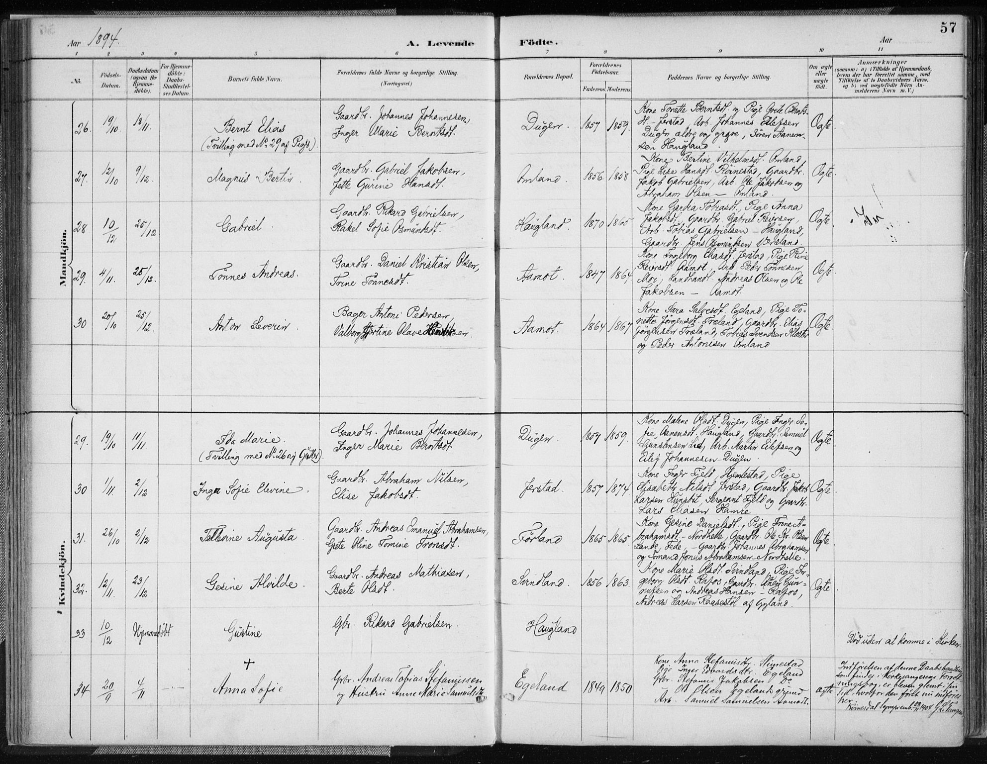 Kvinesdal sokneprestkontor, AV/SAK-1111-0026/F/Fa/Fab/L0008: Parish register (official) no. A 8, 1886-1897, p. 57