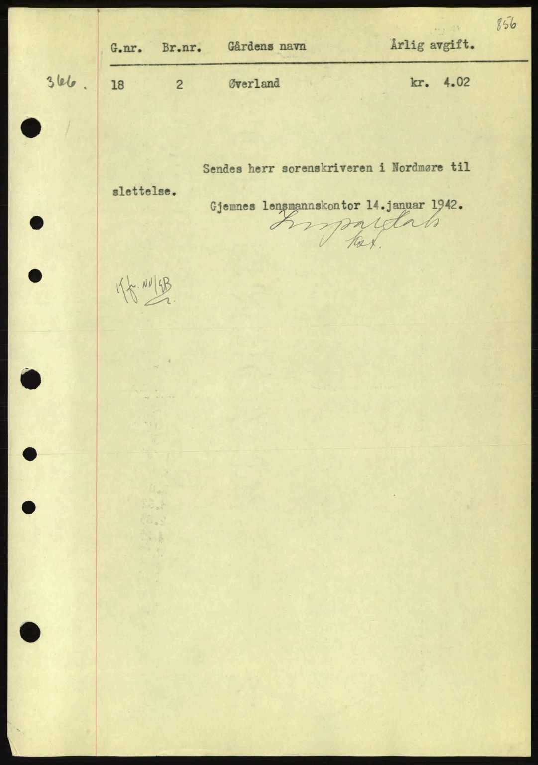 Nordmøre sorenskriveri, AV/SAT-A-4132/1/2/2Ca: Mortgage book no. B88, 1941-1942, Diary no: : 292/1942