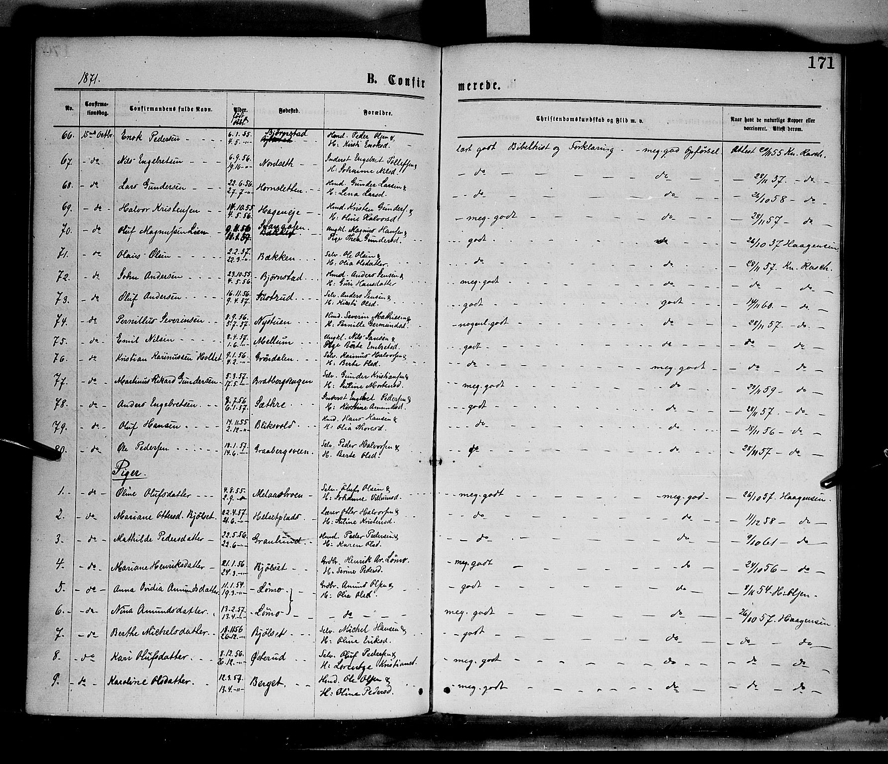 Elverum prestekontor, AV/SAH-PREST-044/H/Ha/Haa/L0011: Parish register (official) no. 11, 1869-1879, p. 171