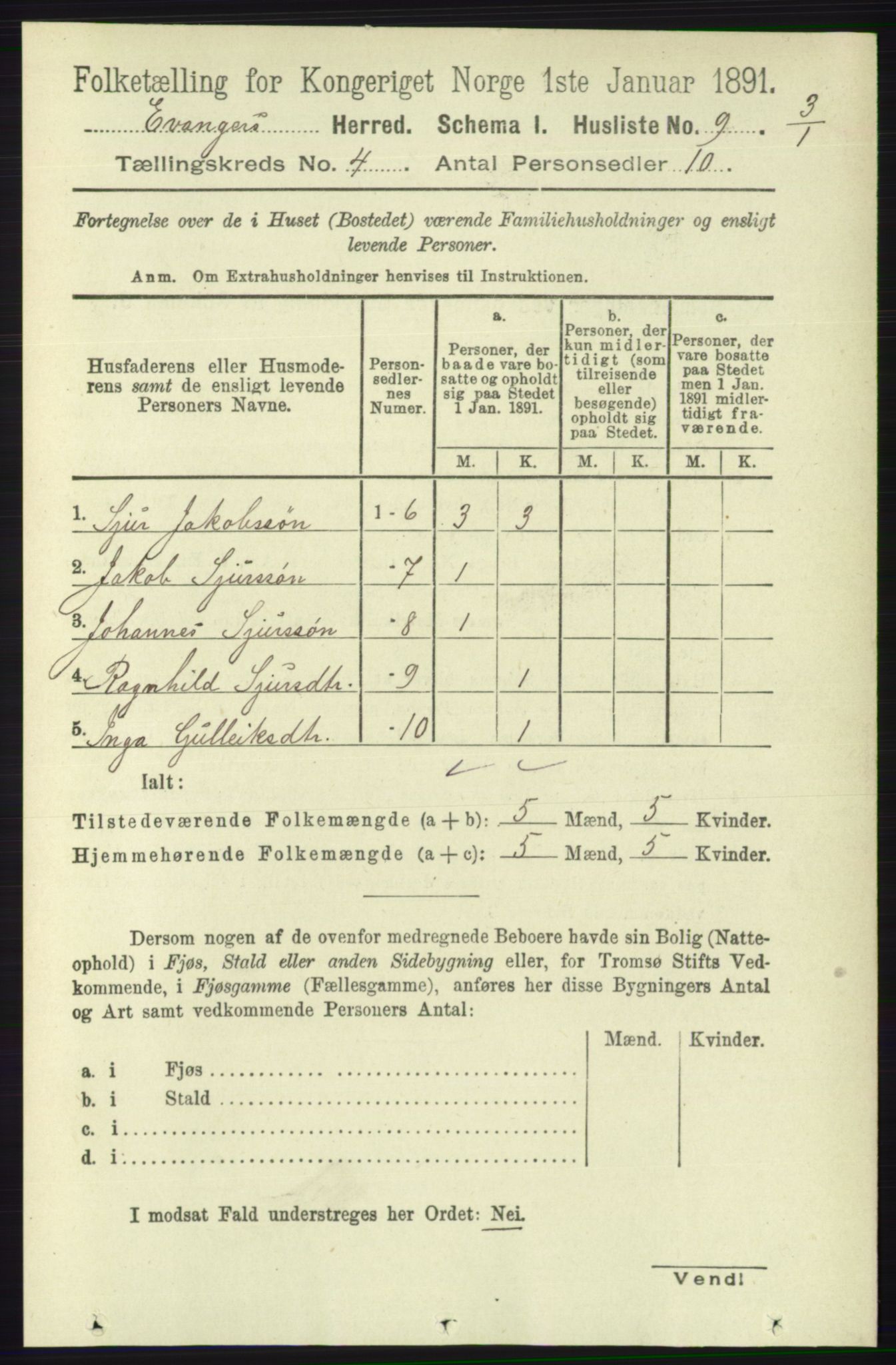 RA, 1891 census for 1237 Evanger, 1891, p. 1115