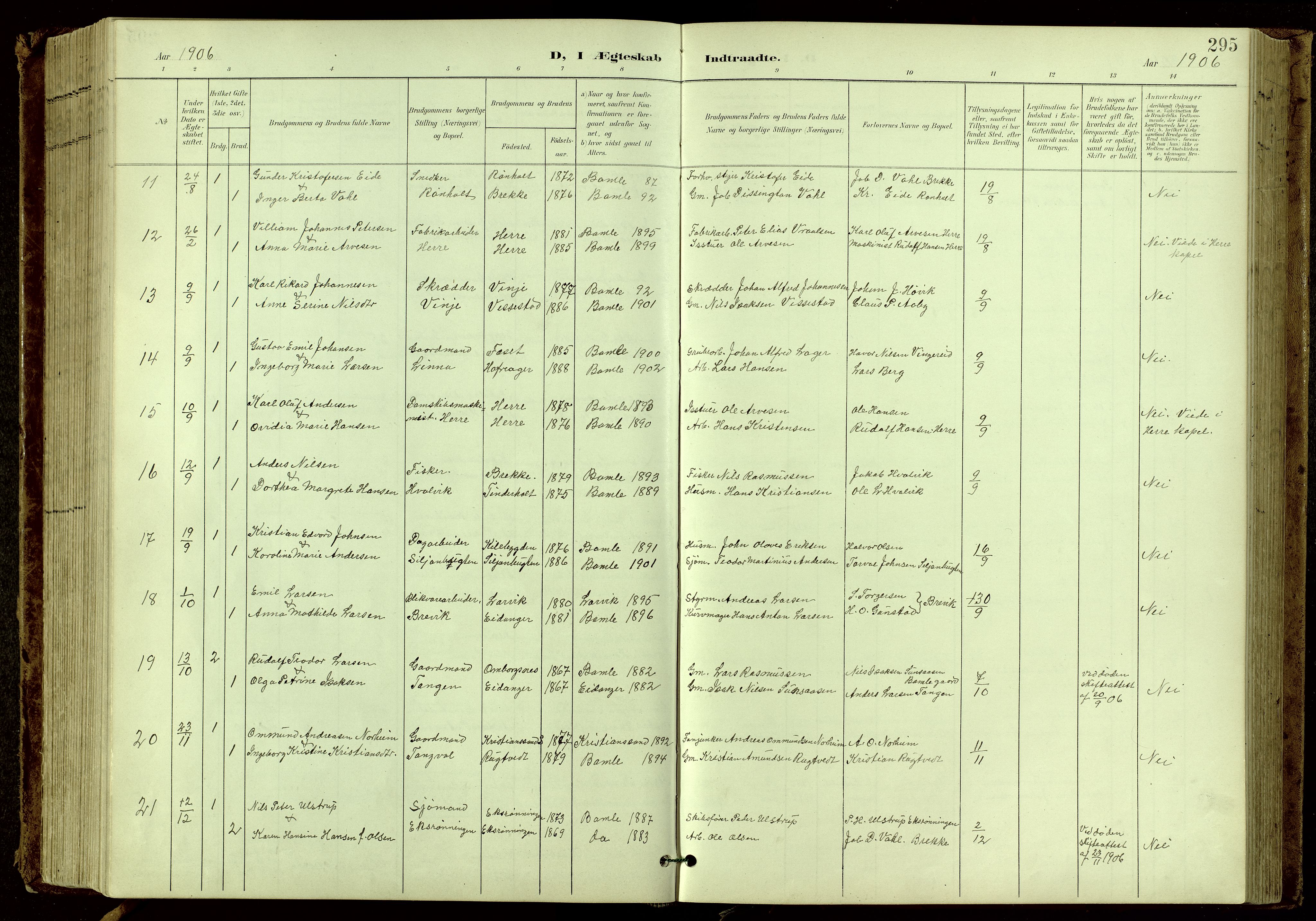 Bamble kirkebøker, SAKO/A-253/G/Ga/L0010: Parish register (copy) no. I 10, 1901-1919, p. 295