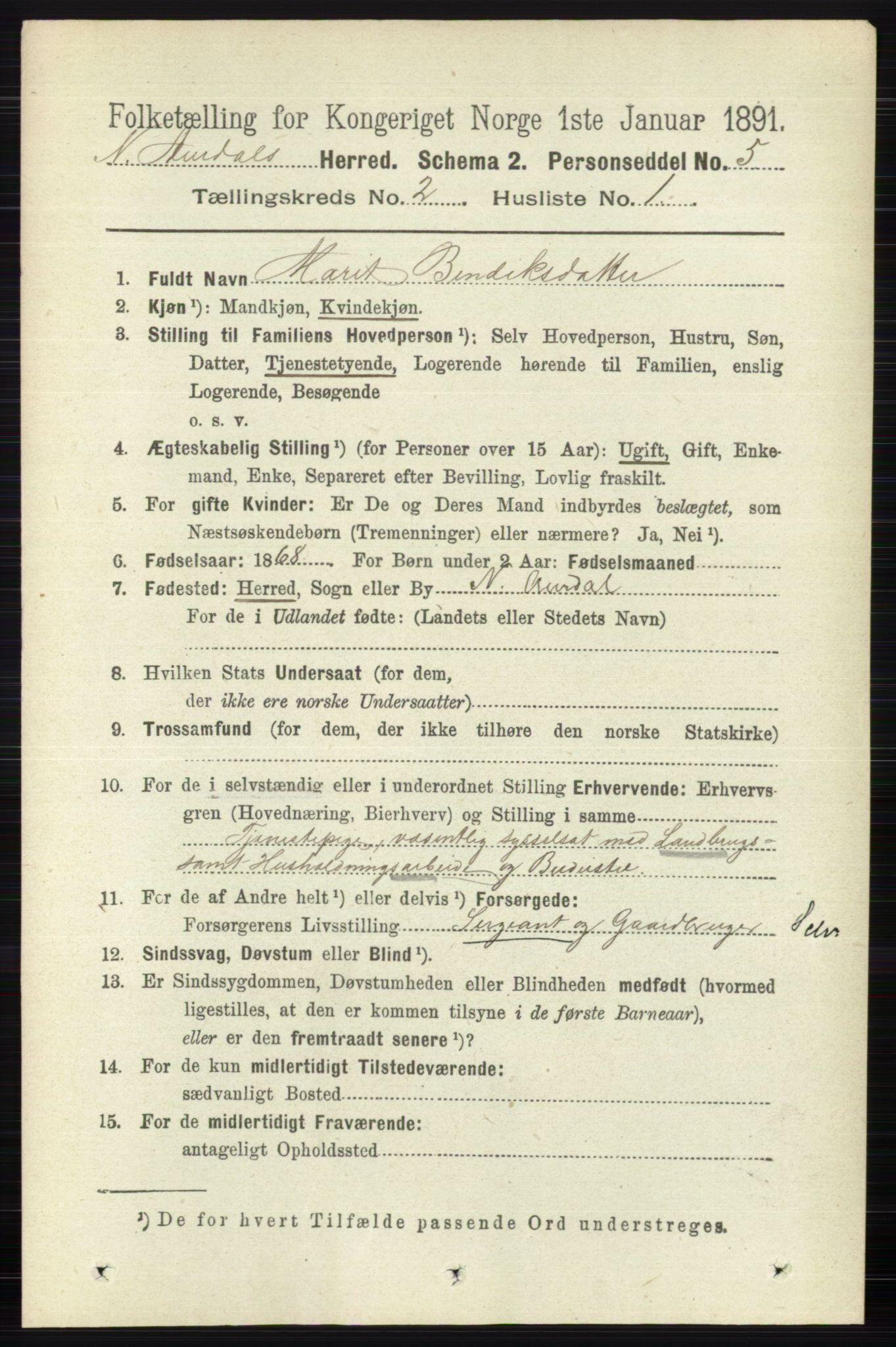 RA, 1891 census for 0542 Nord-Aurdal, 1891, p. 596