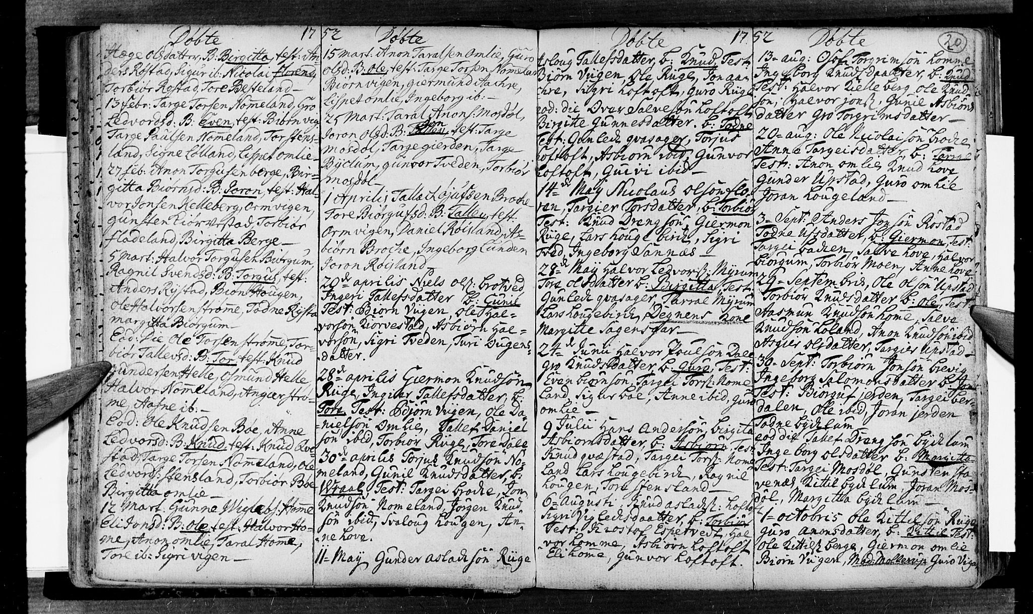 Valle sokneprestkontor, AV/SAK-1111-0044/F/Fa/Fac/L0002: Parish register (official) no. A 2, 1745-1776, p. 20