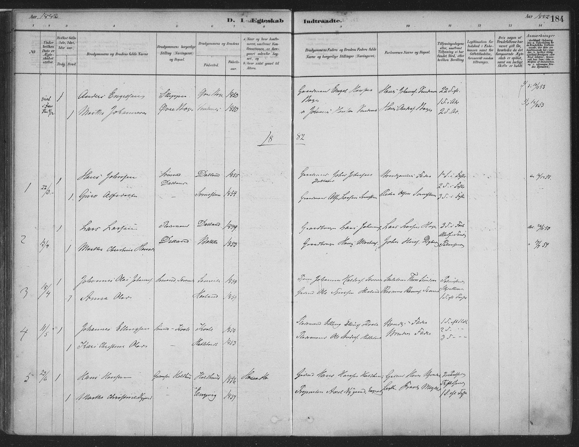 Fusa sokneprestembete, AV/SAB-A-75401/H/Haa: Parish register (official) no. D 1, 1880-1938, p. 184