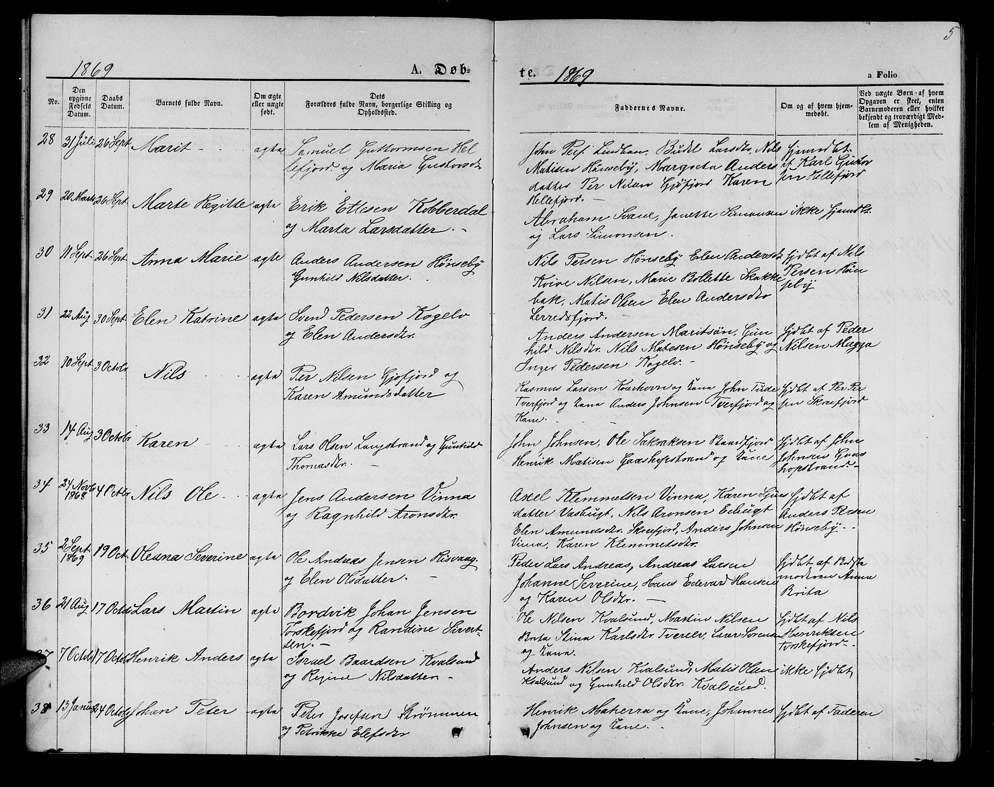 Hammerfest sokneprestkontor, AV/SATØ-S-1347/H/Hb/L0005.klokk: Parish register (copy) no. 5, 1869-1884, p. 5