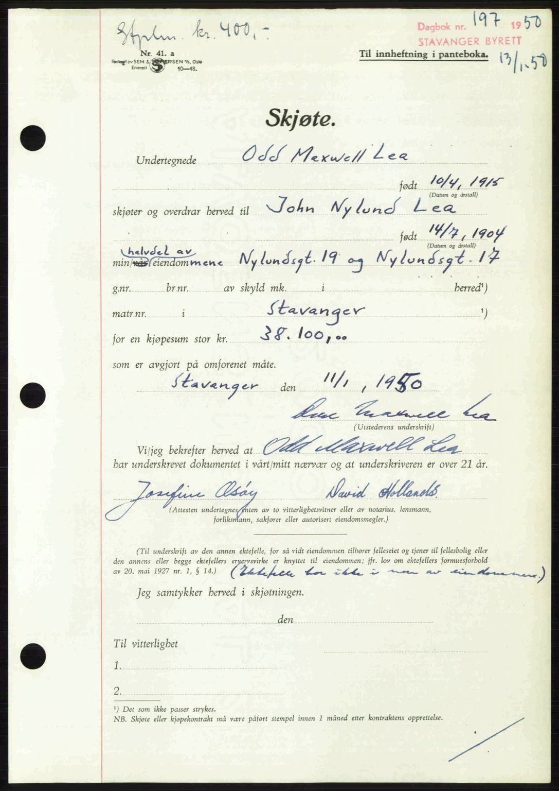 Stavanger byrett, SAST/A-100455/002/G/Gb/L0024: Mortgage book no. A13, 1949-1950, Diary no: : 197/1950