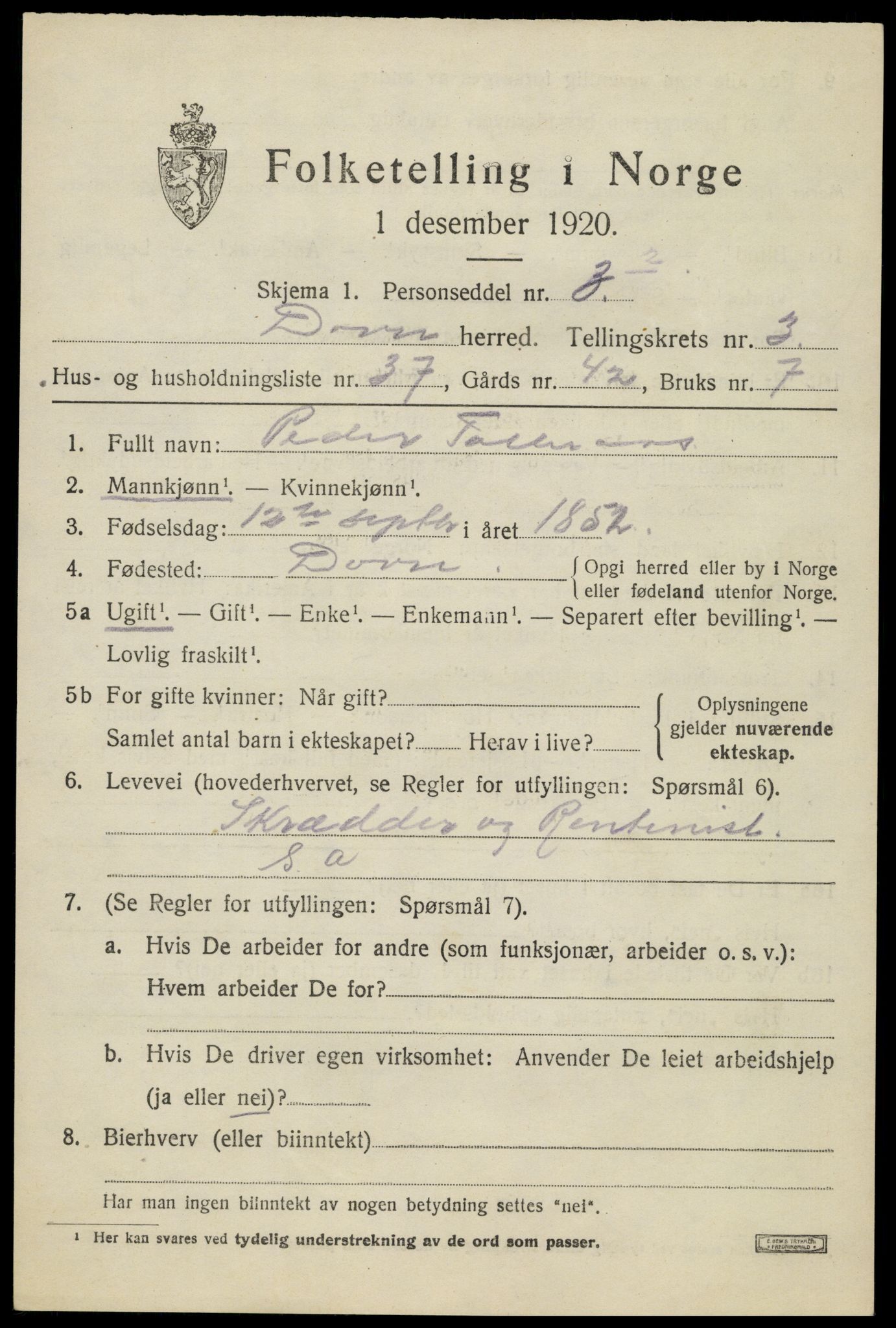 SAH, 1920 census for Dovre, 1920, p. 3998