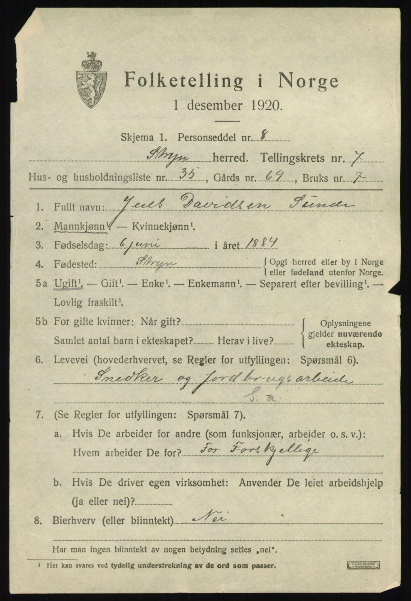 SAB, 1920 census for Stryn, 1920, p. 3706