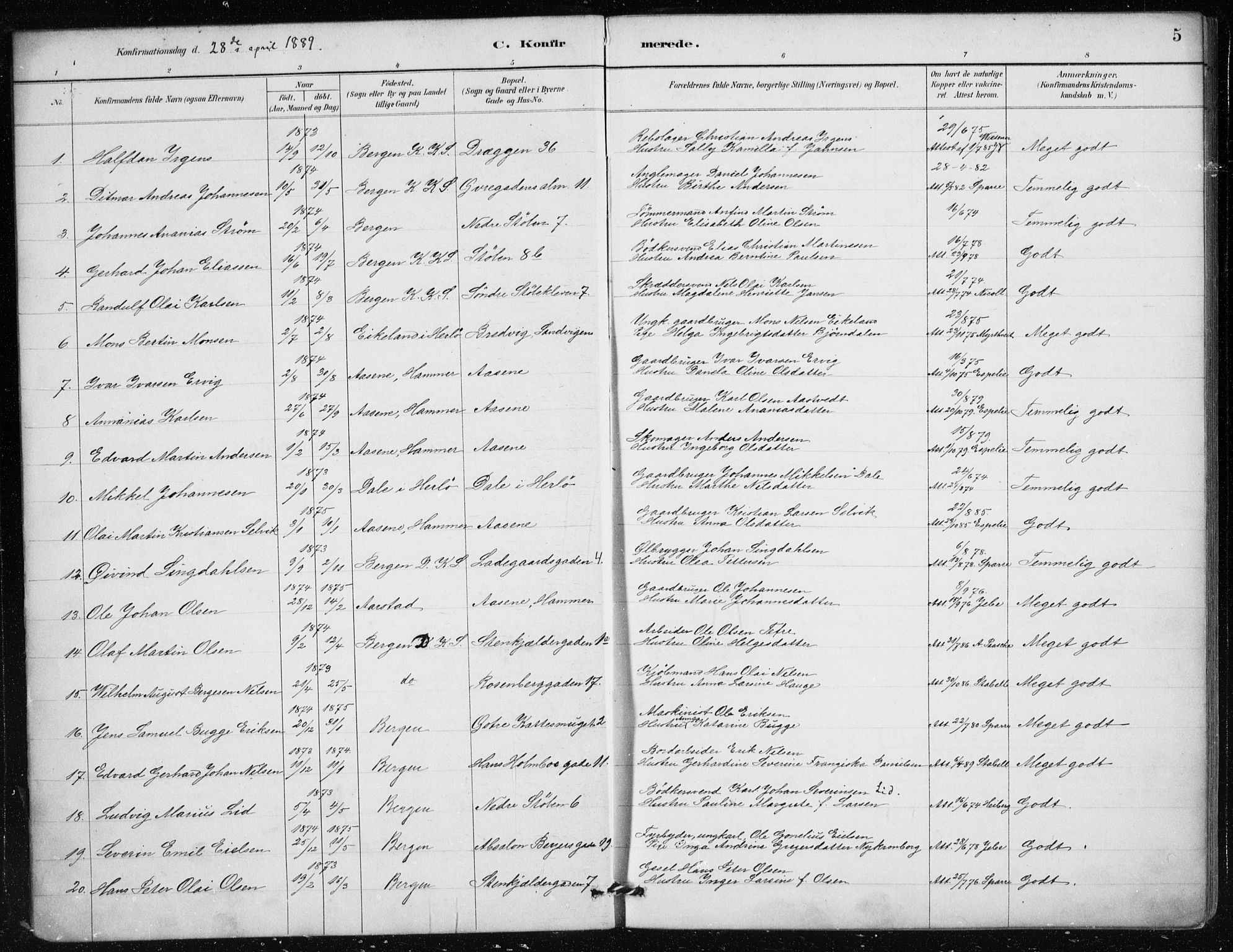 Mariakirken Sokneprestembete, SAB/A-76901/H/Haa/L0013: Parish register (official) no. C 1, 1889-1900, p. 5