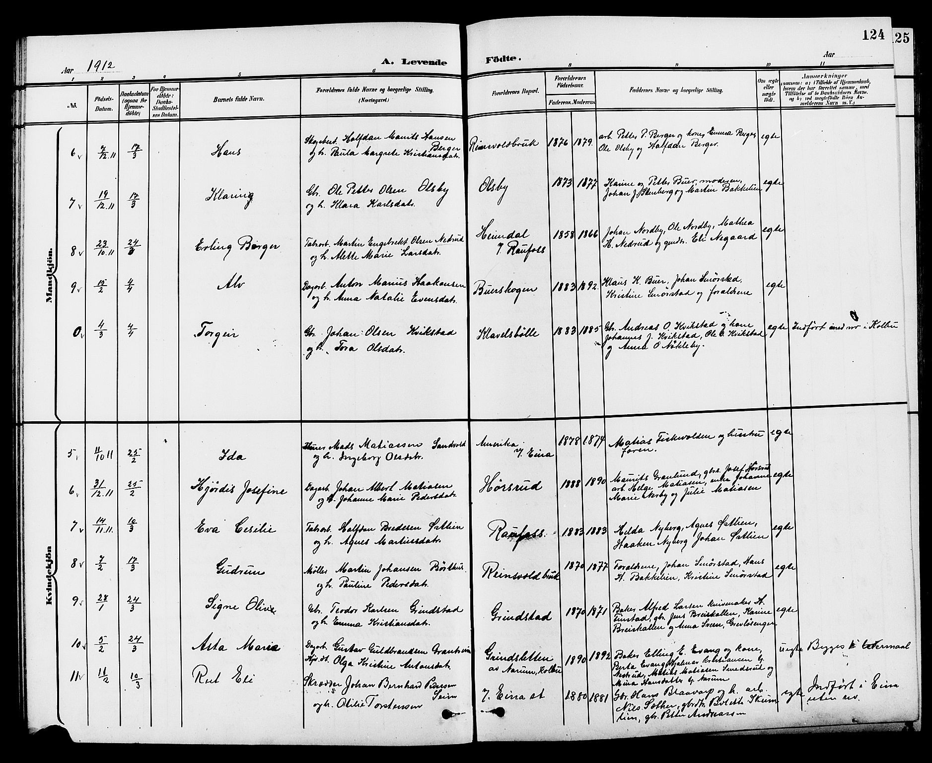 Vestre Toten prestekontor, SAH/PREST-108/H/Ha/Hab/L0010: Parish register (copy) no. 10, 1900-1912, p. 124