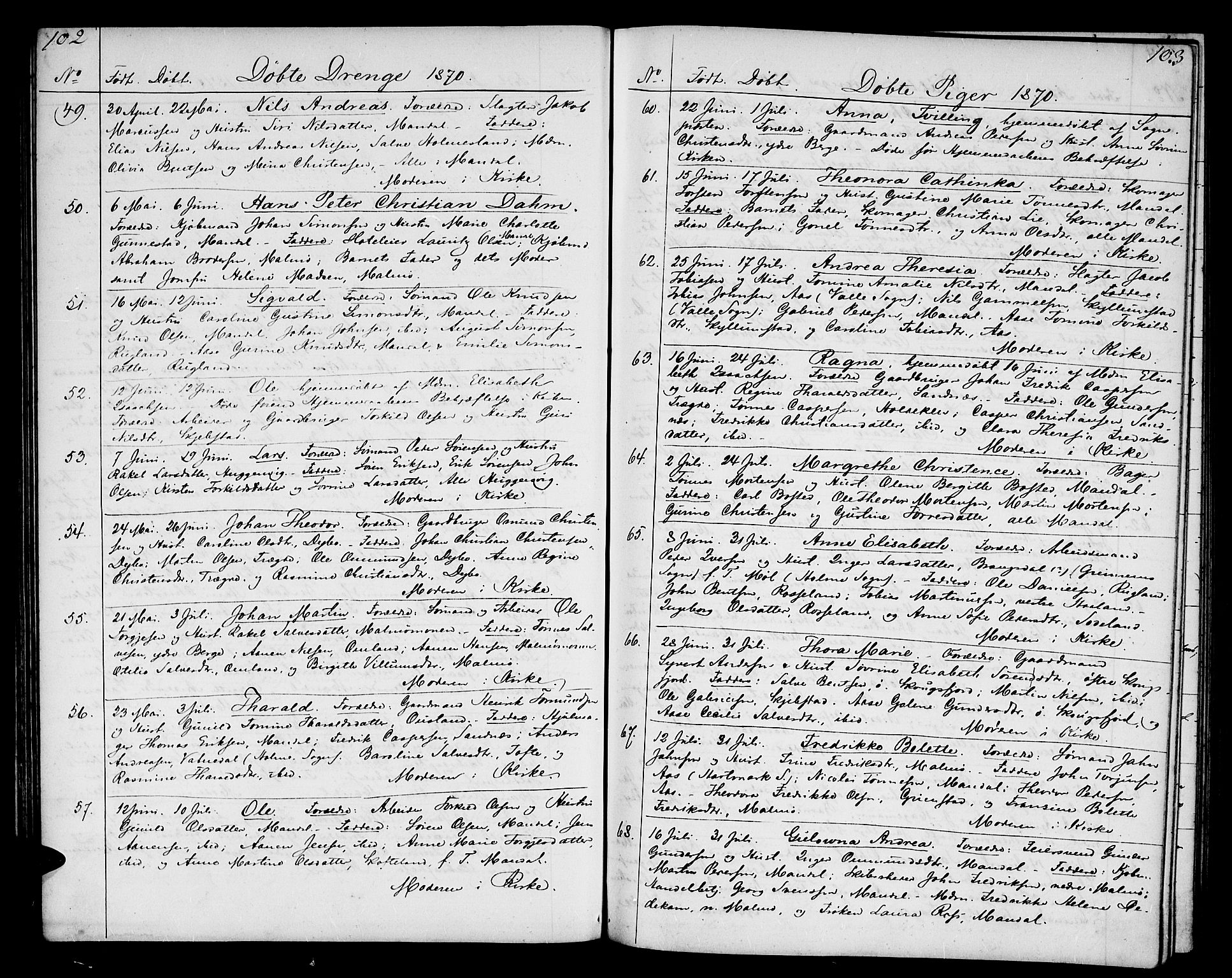 Mandal sokneprestkontor, AV/SAK-1111-0030/F/Fb/Fba/L0009: Parish register (copy) no. B 3, 1867-1877, p. 102-103