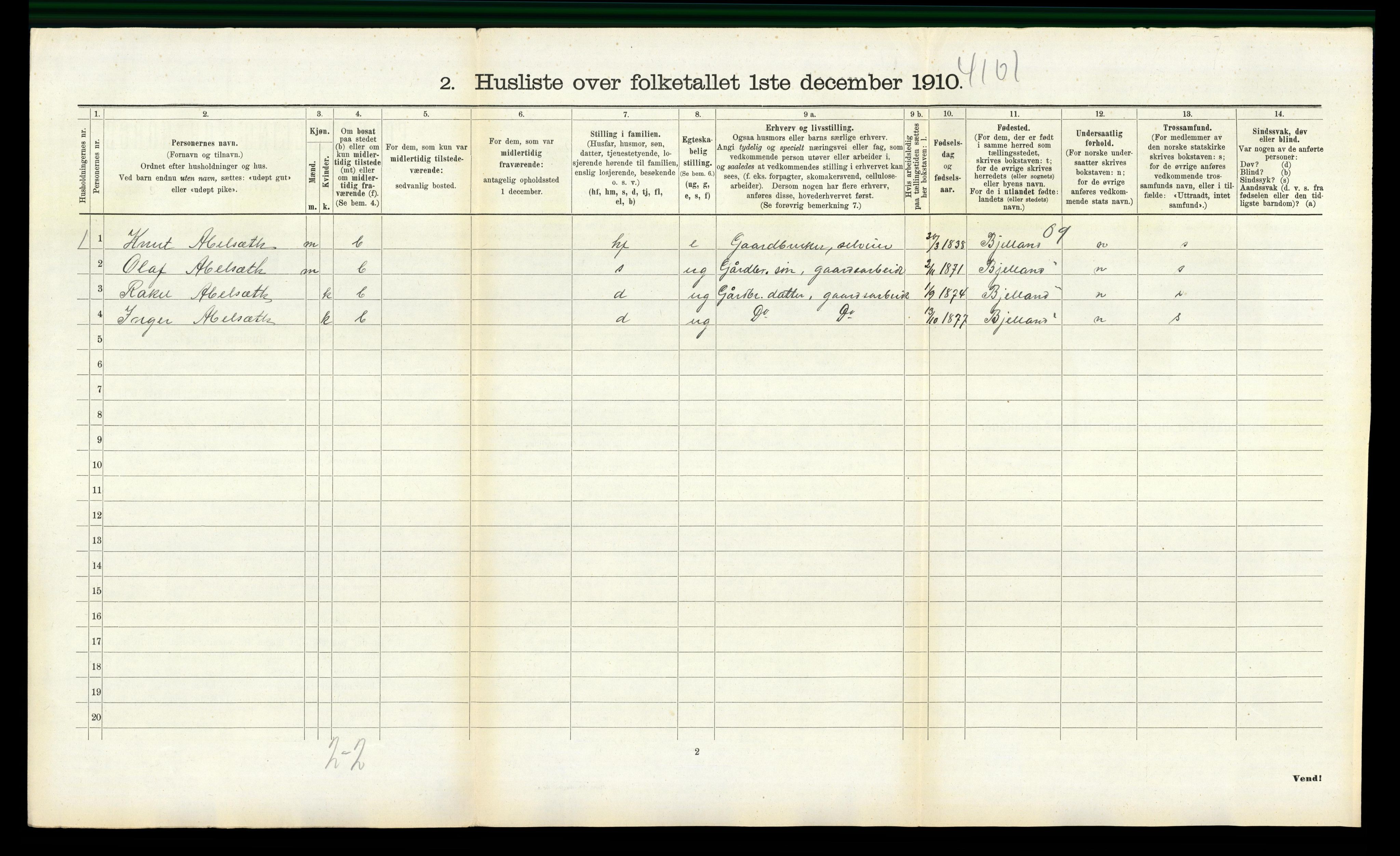 RA, 1910 census for Nord-Audnedal, 1910, p. 407