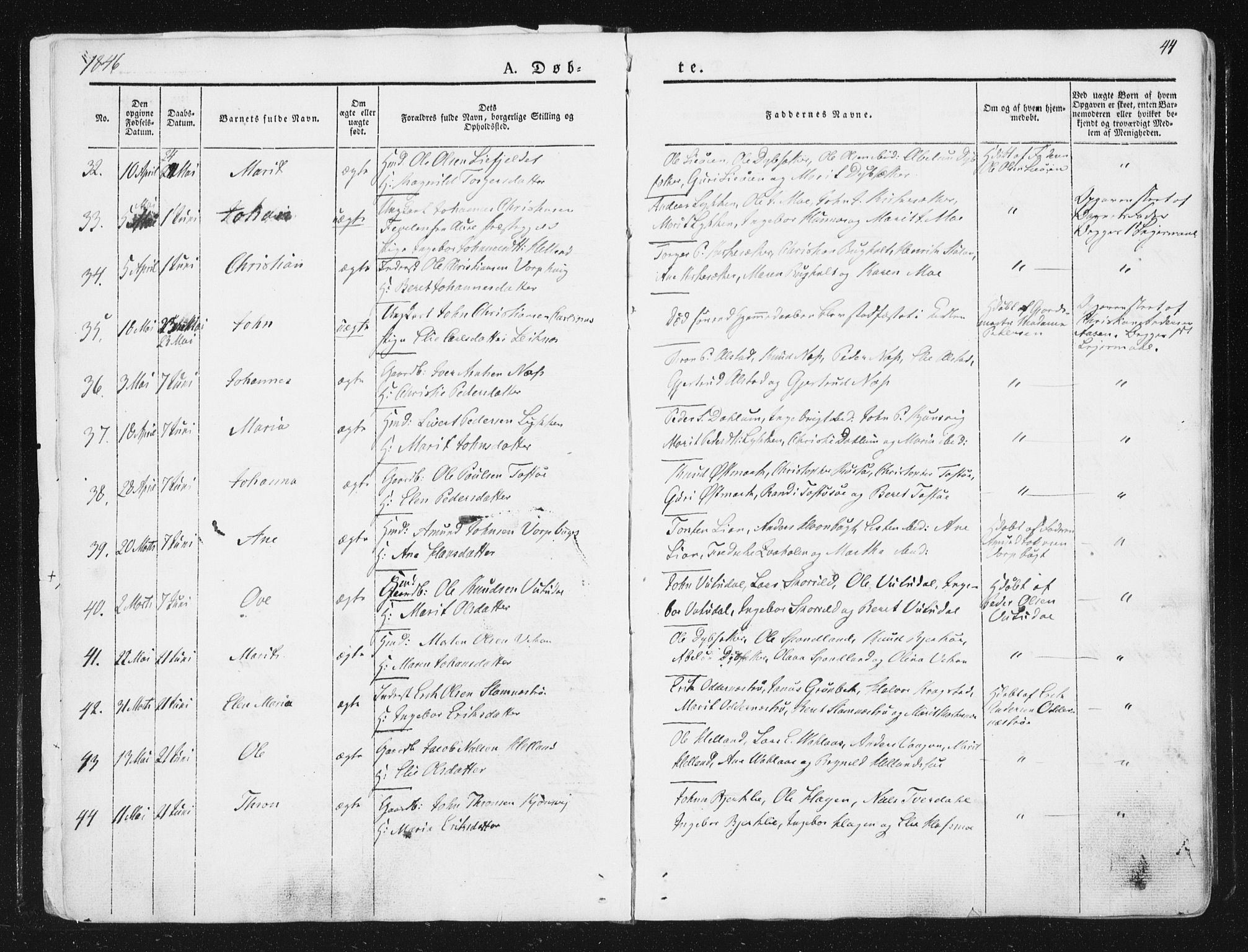Ministerialprotokoller, klokkerbøker og fødselsregistre - Sør-Trøndelag, SAT/A-1456/630/L0493: Parish register (official) no. 630A06, 1841-1851, p. 44