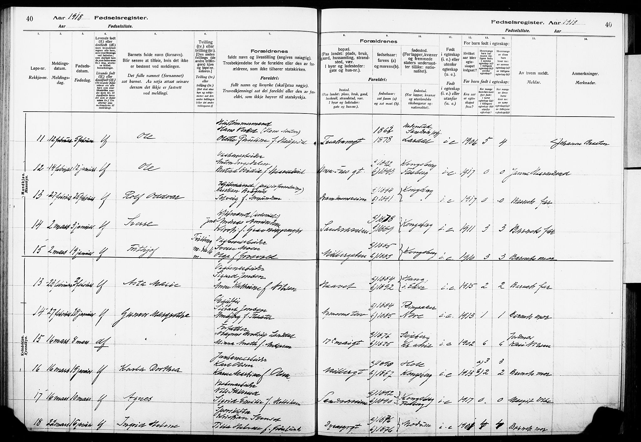 Kongsberg kirkebøker, AV/SAKO-A-22/J/Ja/L0001: Birth register no. I 1, 1916-1927, p. 40