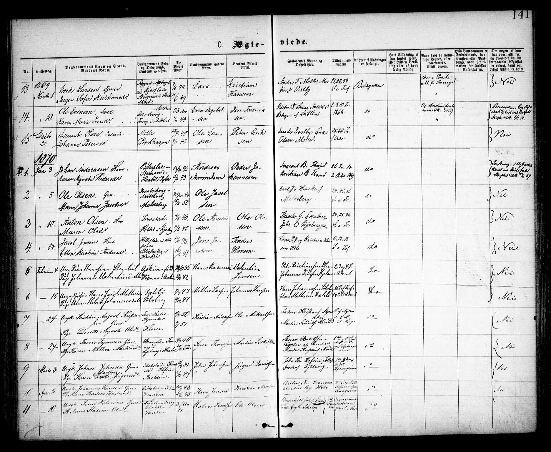 Spydeberg prestekontor Kirkebøker, SAO/A-10924/F/Fa/L0006: Parish register (official) no. I 6, 1863-1874, p. 141