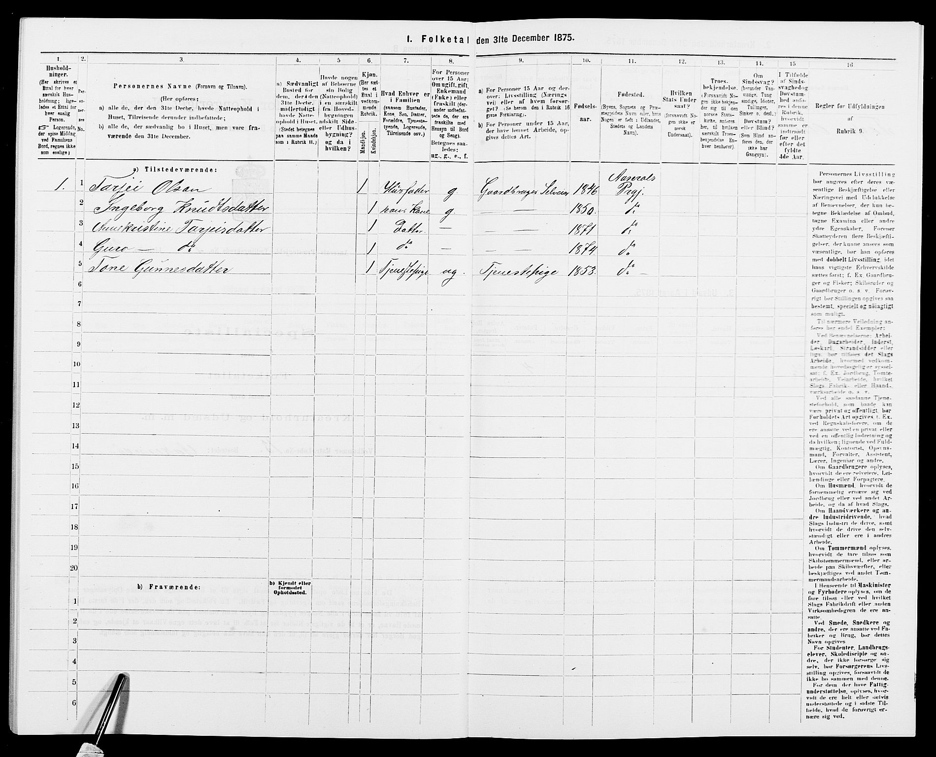 SAK, 1875 census for 0980P Åseral, 1875, p. 276