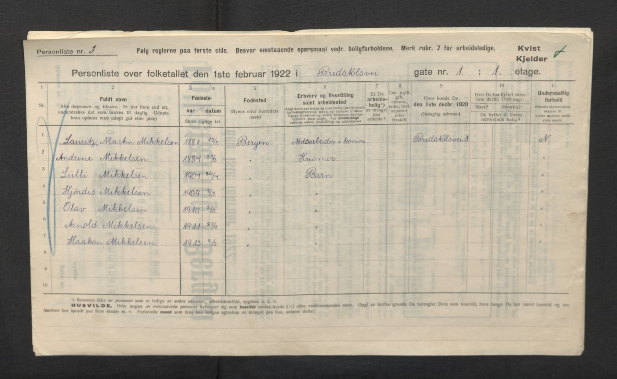 SAB, Municipal Census 1922 for Bergen, 1922, p. 4050