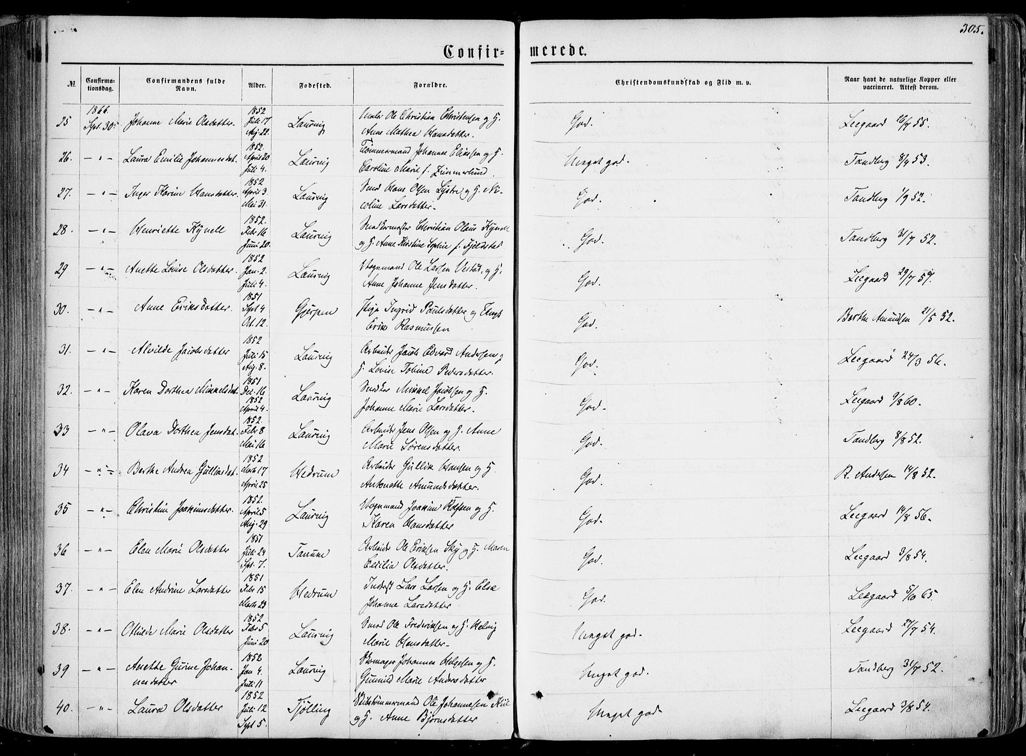 Larvik kirkebøker, AV/SAKO-A-352/F/Fa/L0004: Parish register (official) no. I 4, 1856-1870, p. 305