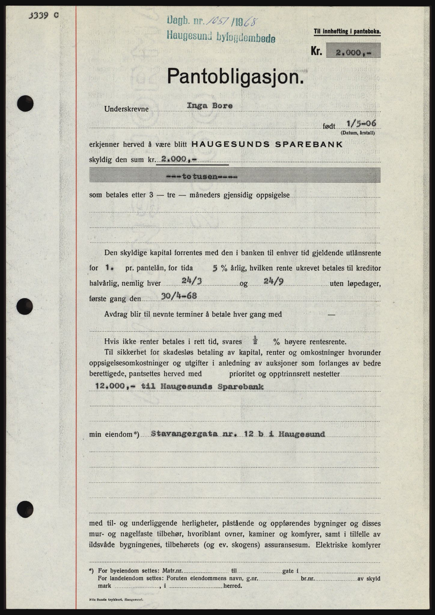 Haugesund tingrett, SAST/A-101415/01/II/IIC/L0058: Mortgage book no. B 58, 1967-1968, Diary no: : 1051/1968