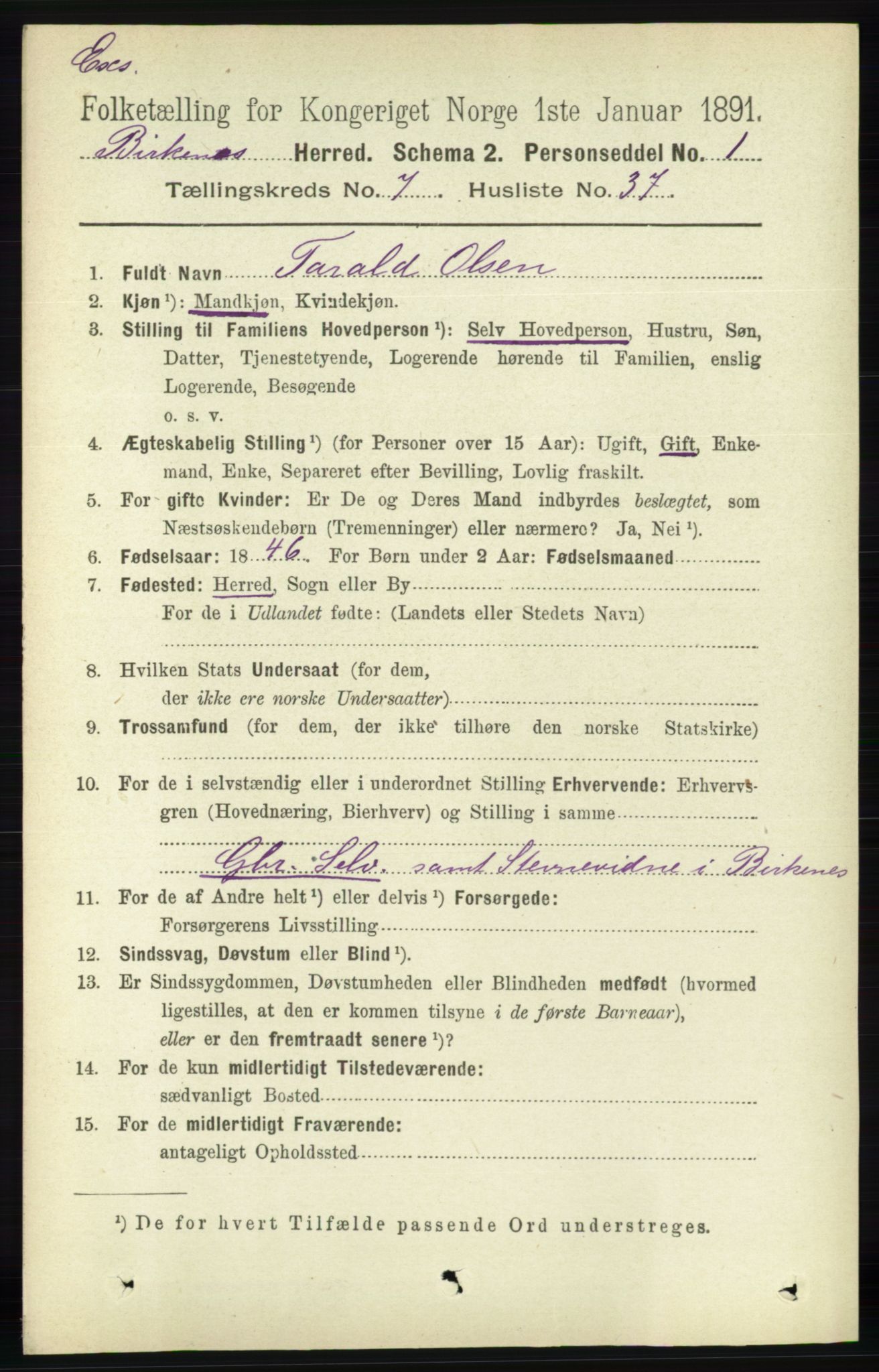 RA, Census 1891 for Nedenes amt: Gjenparter av personsedler for beslektede ektefeller, menn, 1891, p. 903