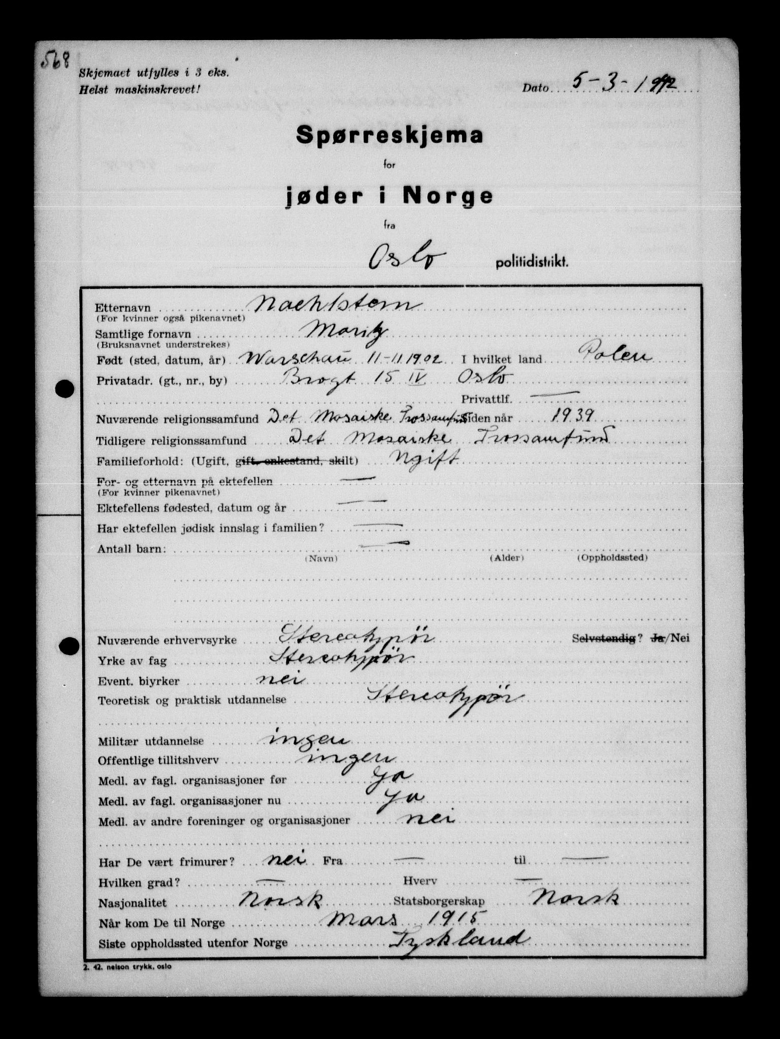 Statspolitiet - Hovedkontoret / Osloavdelingen, AV/RA-S-1329/G/Ga/L0010: Spørreskjema for jøder i Norge, Oslo Hansen-Pintzow, 1942, p. 924