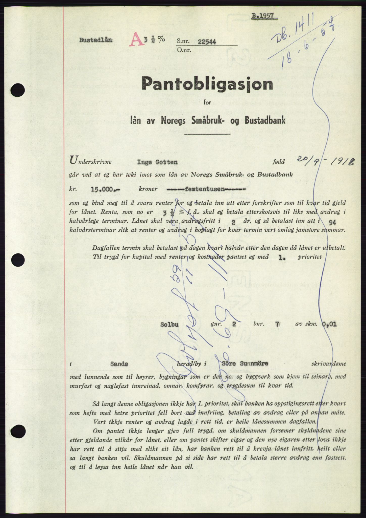 Søre Sunnmøre sorenskriveri, AV/SAT-A-4122/1/2/2C/L0130: Mortgage book no. 18B, 1957-1958, Diary no: : 1411/1957