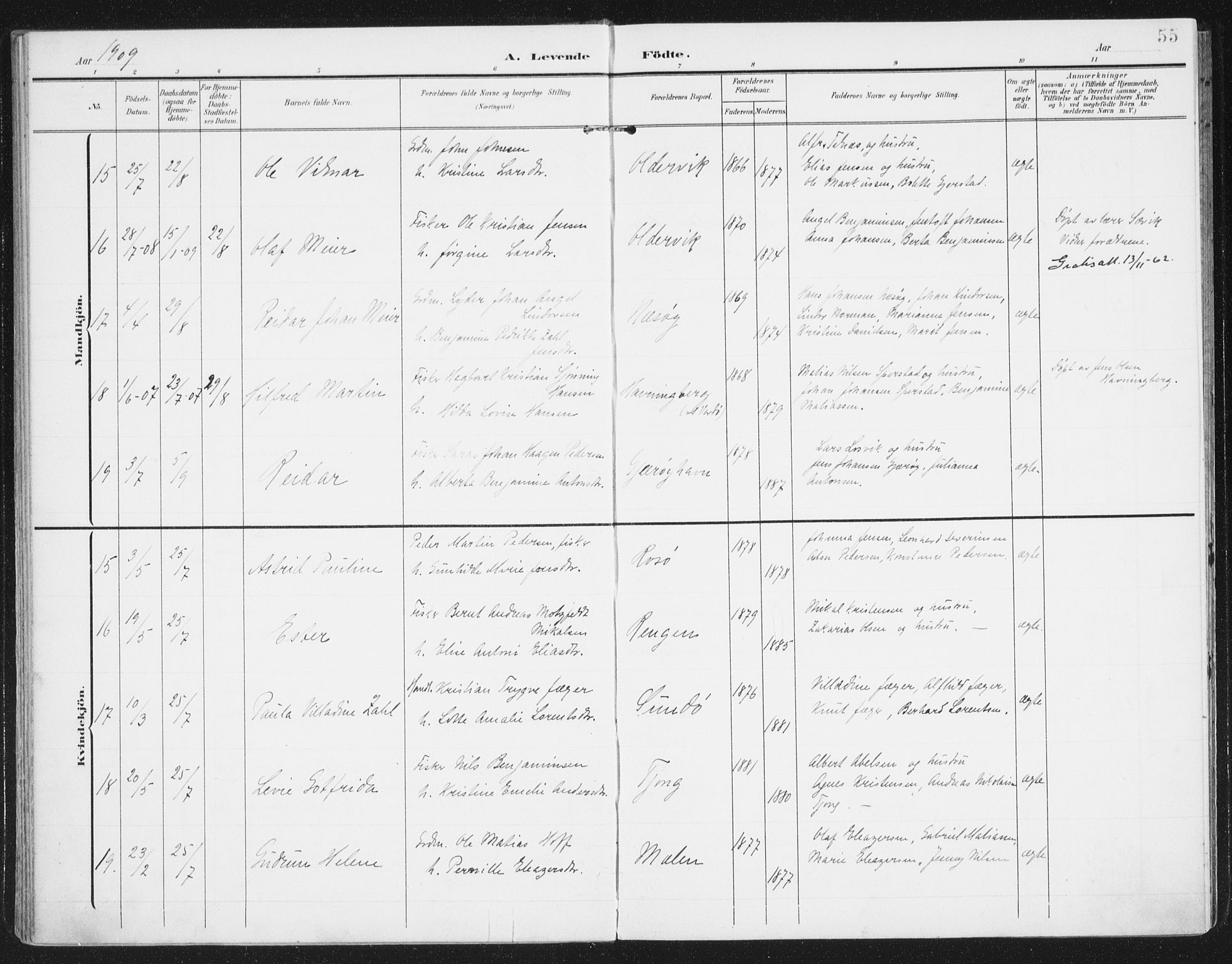 Ministerialprotokoller, klokkerbøker og fødselsregistre - Nordland, AV/SAT-A-1459/841/L0612: Parish register (official) no. 841A15, 1902-1910, p. 55