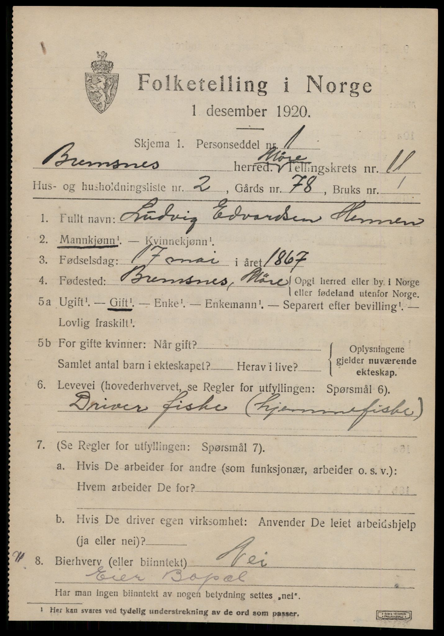 SAT, 1920 census for Bremsnes, 1920, p. 9319