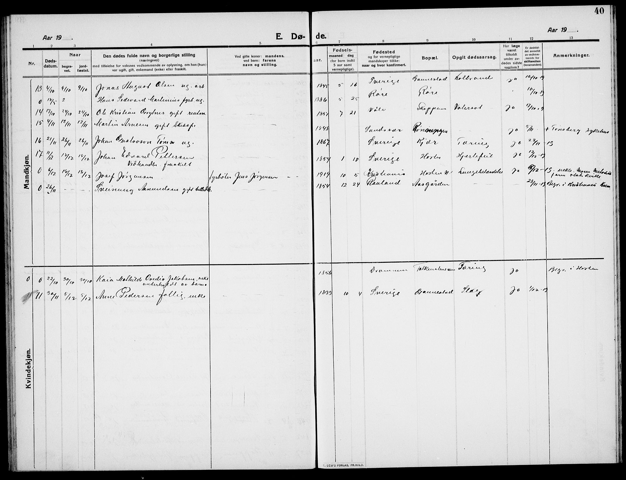 Borre kirkebøker, AV/SAKO-A-338/G/Ga/L0007: Parish register (copy) no. I 7, 1910-1920, p. 40