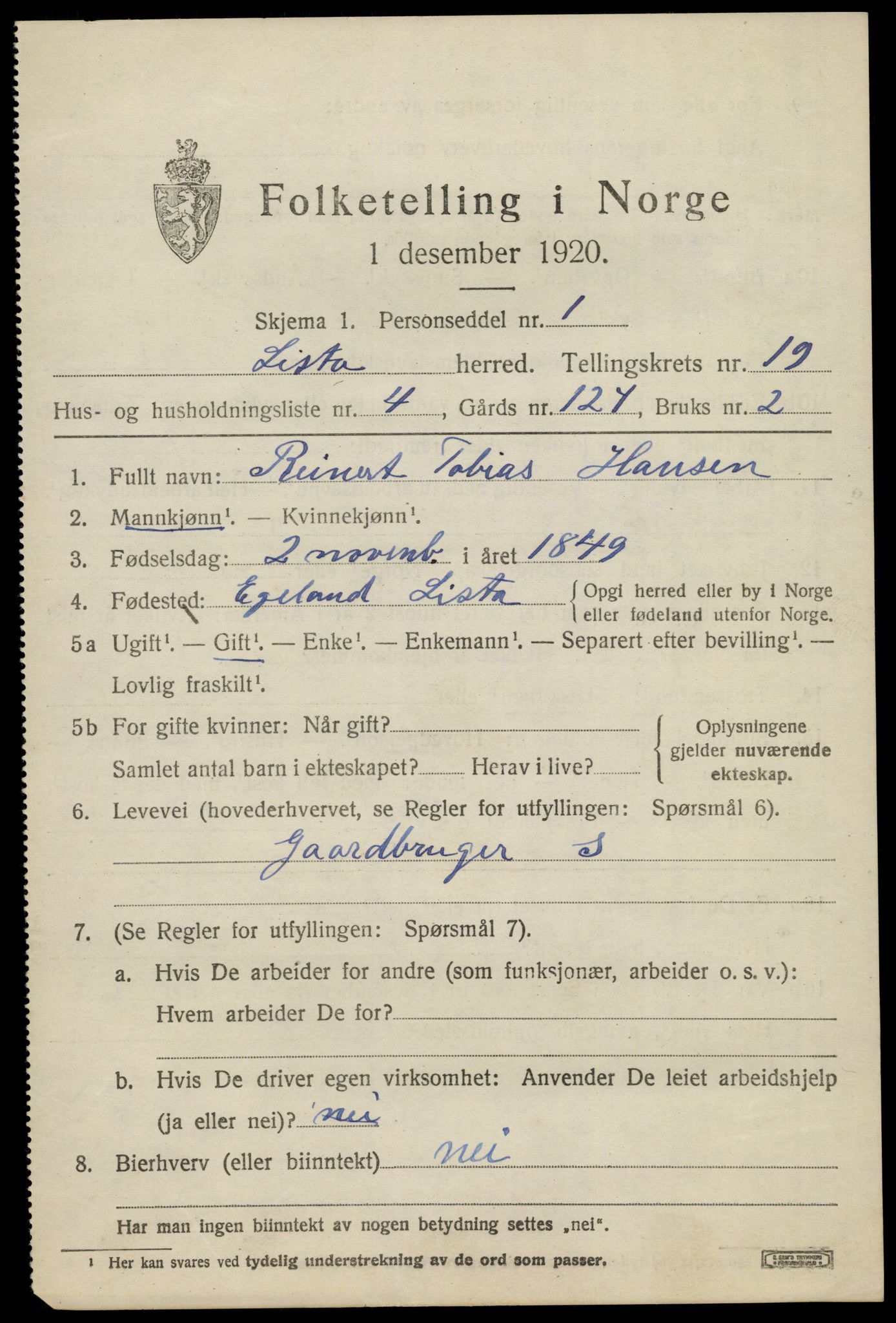 SAK, 1920 census for Lista, 1920, p. 14059