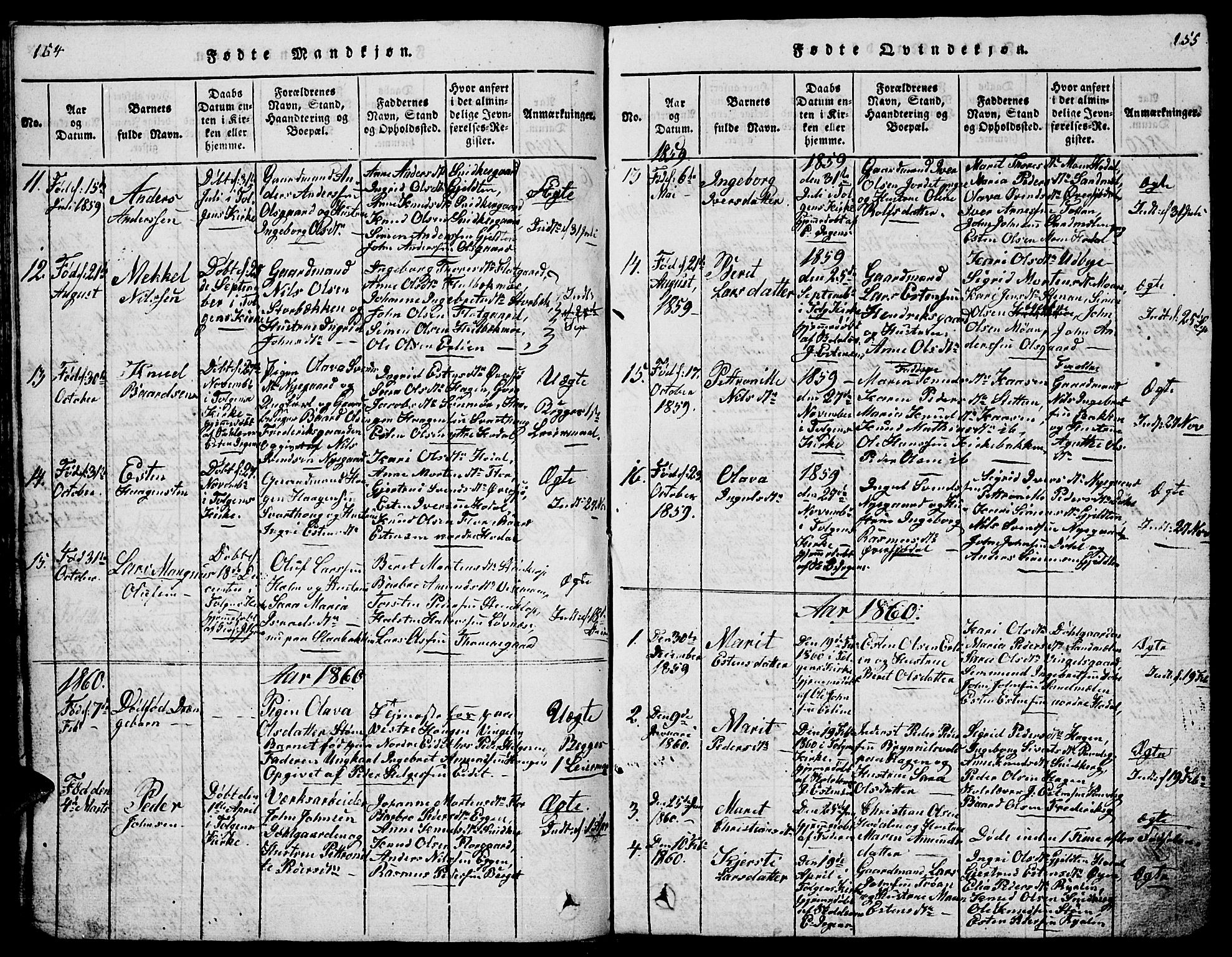 Tolga prestekontor, SAH/PREST-062/L/L0001: Parish register (copy) no. 1, 1814-1877, p. 154-155
