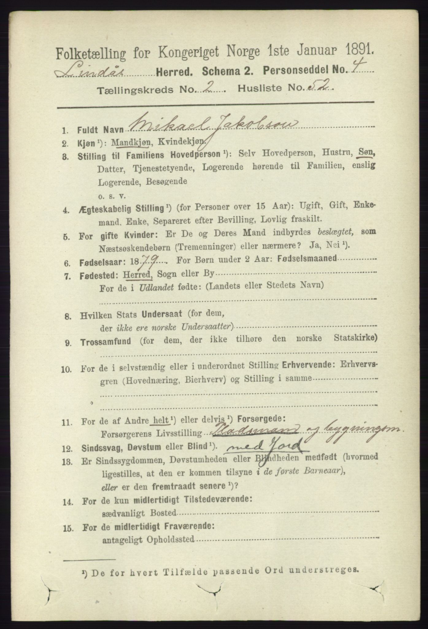 RA, 1891 census for 1263 Lindås, 1891, p. 751