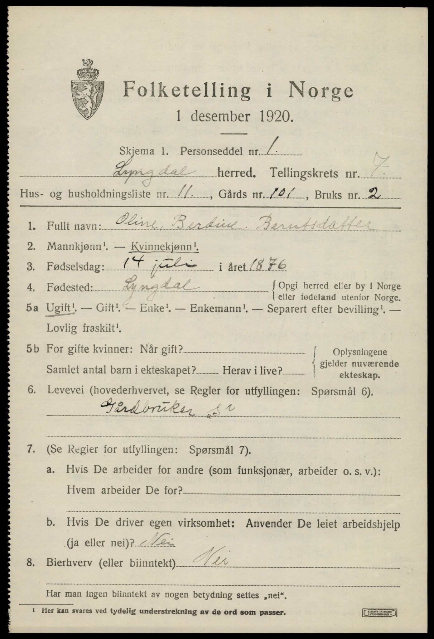 SAK, 1920 census for Lyngdal, 1920, p. 3965